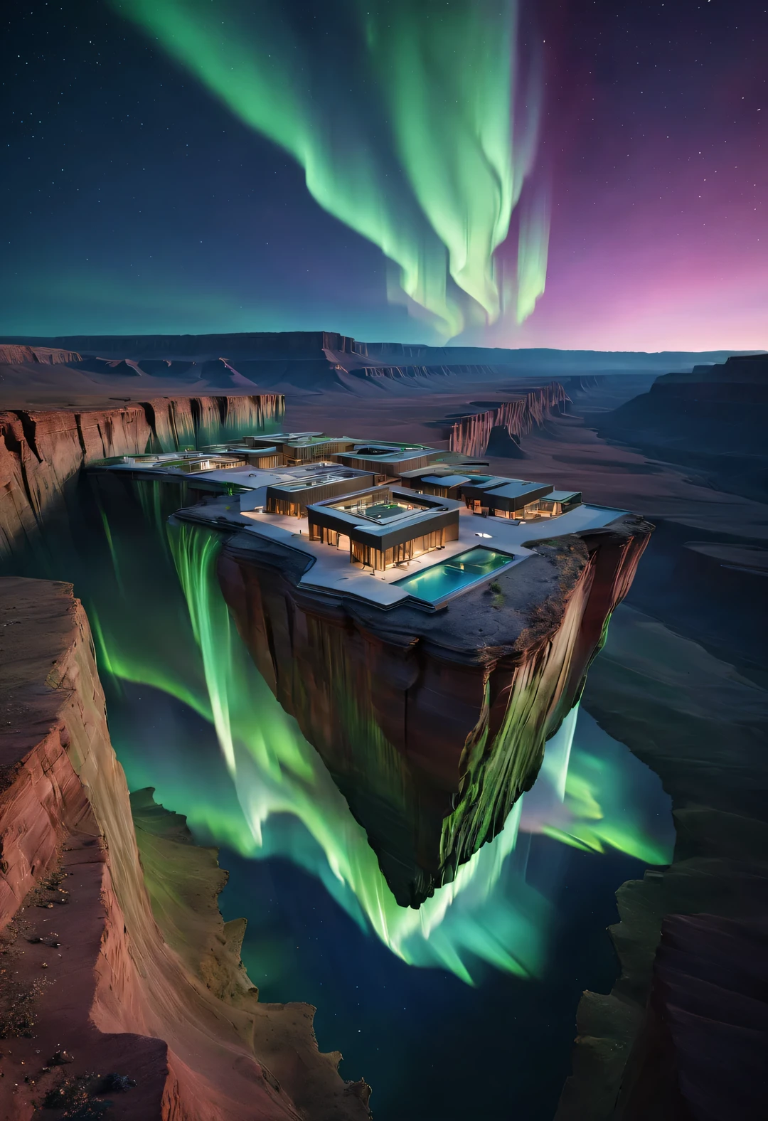 Desert Canyon Cliff Holiday Wild Luxury Building Design Flying in the Sky, Blending with the Natural Environment, Desert Canyon Night, (Aurora), Stars, Sky Color
aurora bloom,by John Pawson,moonlight,aerial view, extremely detailed, best quality, masterpiece, high resolution, Hyperrealistic, 8K, top-view, high angle view,
