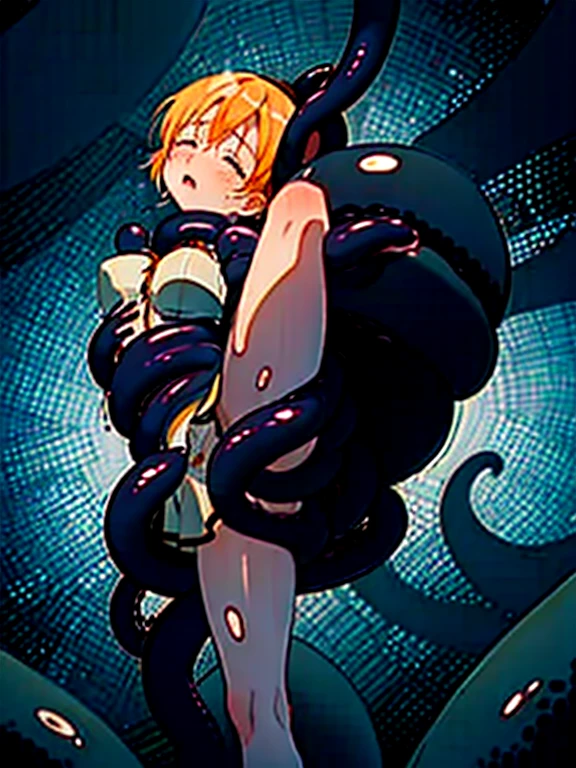 anime, 2d, masterpiece, Best quality at best, 1girl, solo, standing, struggle, Beautiful udder, Legs with rich lines, sobbing, closed eyes, :o, mami tomoe, mucus, wantun-tentacles, tentacles, tentacle on neck, choking, (fluttering skirt, white panties:1.2)