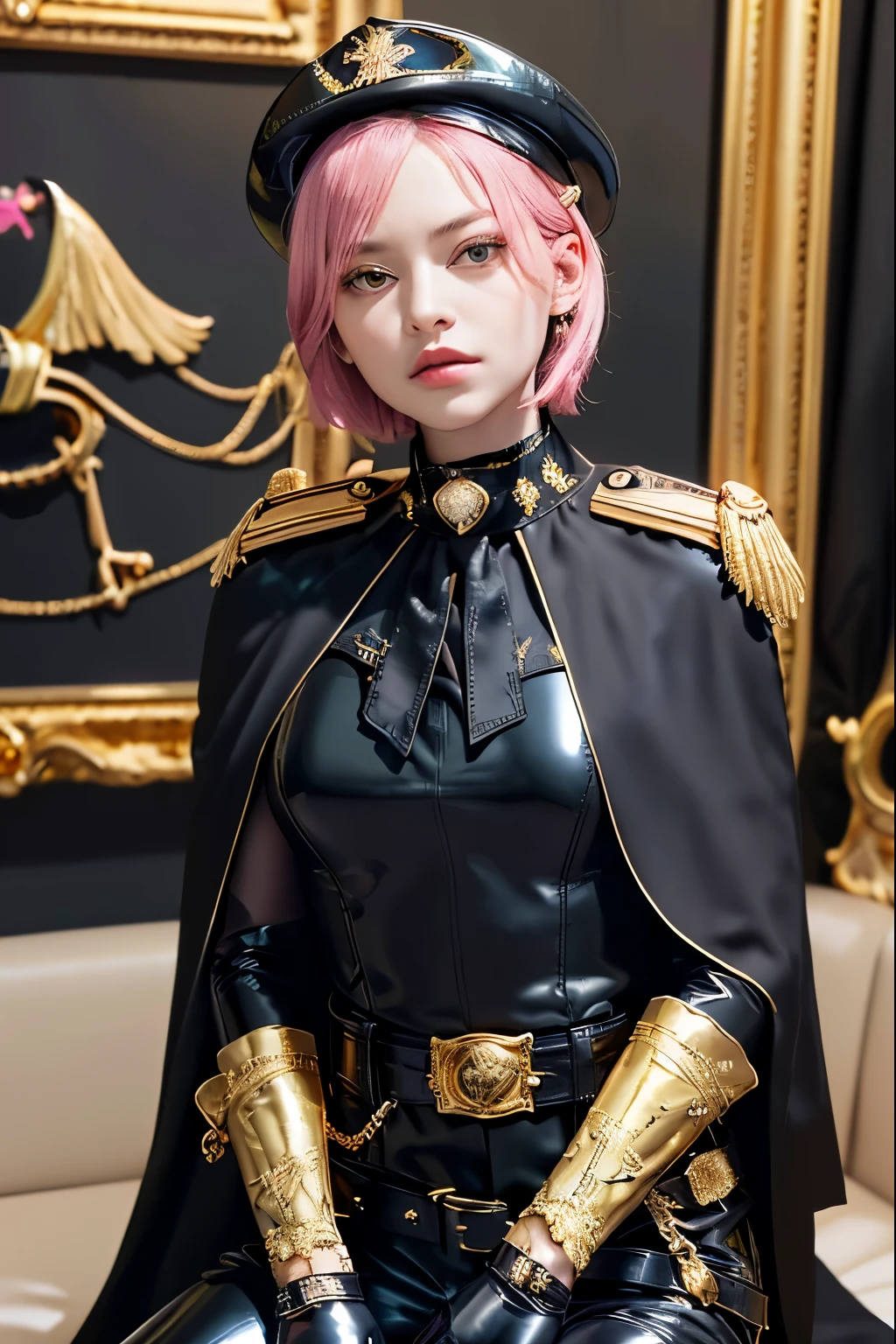 (8K, top-quality, masterpiece:1,2), (reallistic, Photorealsitic:1.37), Super Detail, One girl,), (Highly detailed), (beautifully detailed eyes), (of the highest quality), (super detailed ), (masterpiece), (Detailed face),20yr old, ,1 girl, full body, pink hair,Very short hair, medium breasts, clothed, Perfect Lighting, pussy and breast focus, looking at viewer, aroused face, naughty face, ((chained: 1.5, bound: 1.5, shackled, bent, subjugated, slave)), (black and gold theme:1.4), (fit body:1.3), (black peaked cap:1.4), (latex tight black cat suit with black collar:1.4), ((Jabot, cravate):1.4), (Black short cape with elaborate gold embroidery:1.3), ((gold epaulet, gold Aiguillette):1.3), (belt with gold buckle:1.3), (platform HIGH boots:1.1), (glove:1.3),