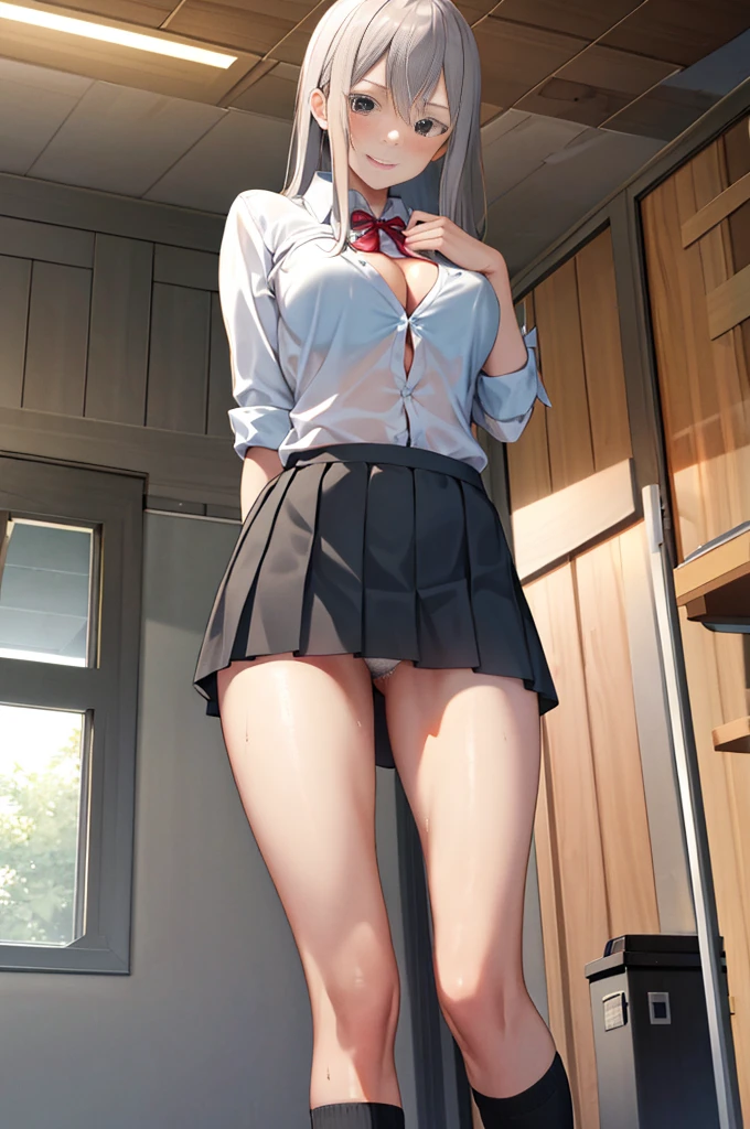 masterpiece, highest quality, High resolution, high resolution, one girl, alone, angle from below, skirt, white shirt, exposed, Her shirt is rolled up and her  are exposed., fluffy, cleavage、, difficult, gray hair,Pleated skirt, socks, Black skirt, long hair, long sleeve, bangs, school uniform, Black socks, Dress , smile, sweaty, soaking wet, transparent, thin clothing, skirt fluttering in the wind, リフトアップskirt,  line, hip line, beautiful leg line, Drops running down my legs, soaking wet lower body, wet waist, excessive  droplets, Three-dimensional body parts,  exposed, realistic skin texture, focused on feet, kneel down, spread your knees, bright room,  lighting from below,, butterfly hair ornament、I'm not wearing 、I'm not wearing a bra、I'm not wearing pants、Thin pubic hair is fully visible、も丸見え、 are worn from the  down、Completely 、、not wearing any clothes、Stand with your legs straight、I'm not wearing anything on my legs、exposed 、skirtを捲り上げてPubic hair exposed、skirtを手で上げている、Pubic hair exposed、skirtを手で上げている、Pubic hair exposed、 exposed、