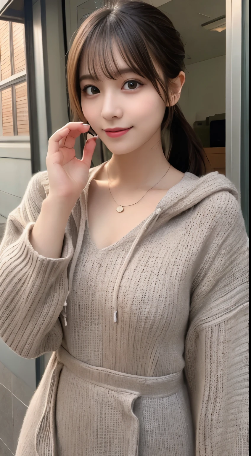 muste piece, highest quality, illustration, super detailed, finely, High resolution, 8k wallpaper, perfect dynamic composition, detailed and beautiful eyes, Elegant and gorgeous winter clothes,ponytail hair,Small breasts natural color lip, bold sexy pose,smile,Harajuku、20 year old girl、cute、sexy shot looking at camera、knit dress、hood
