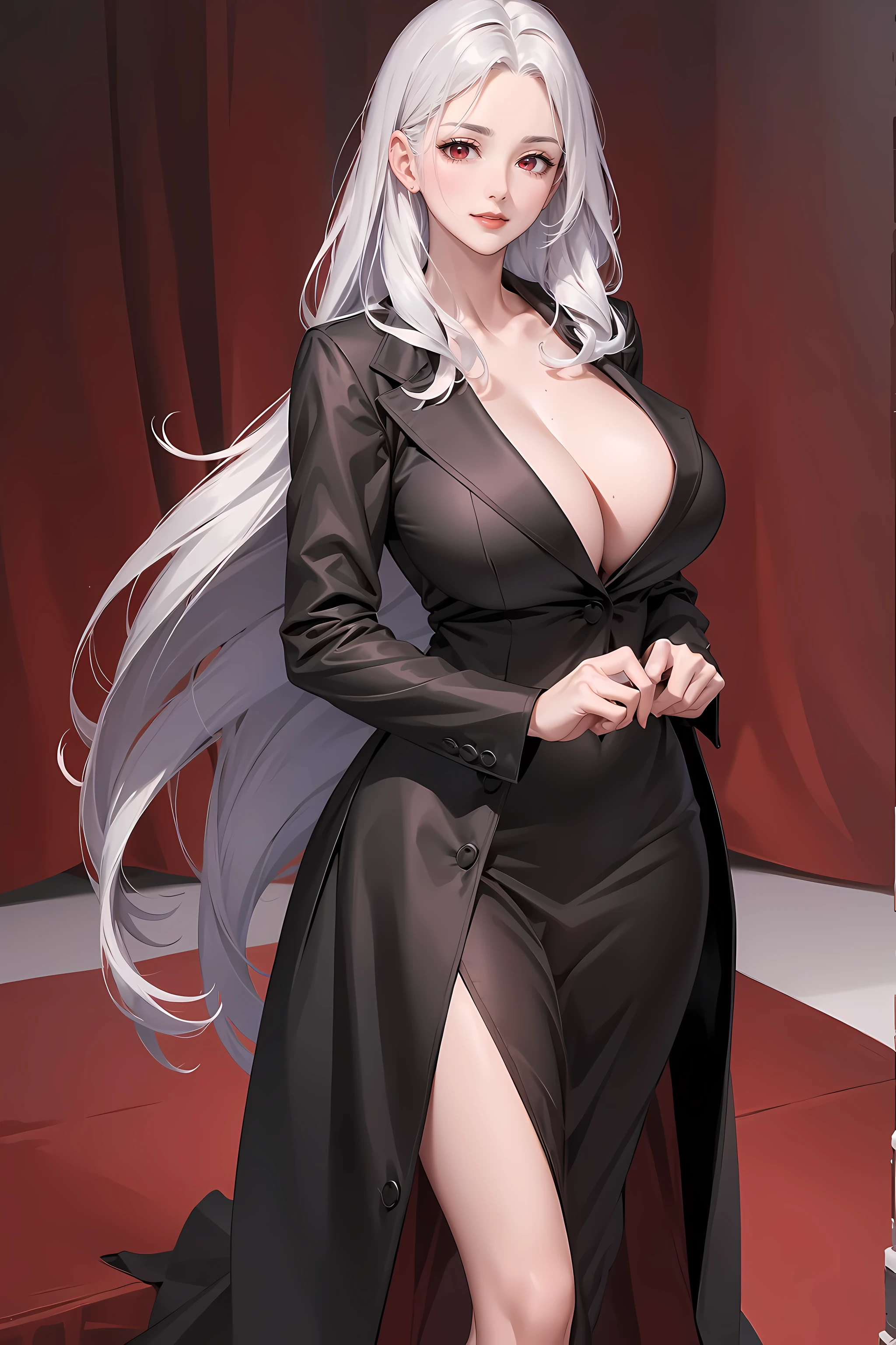 (best quality,4k,8k,highres,masterpiece:1.2),ultra-detailed,red lips,lipsticks,business woman's coat,black suit,deep red eyes,milf,long hair,silver hair,serious expression,handsome and confident,subtle smile,full body,big breasts,perfect breasts,白色公主衬衫