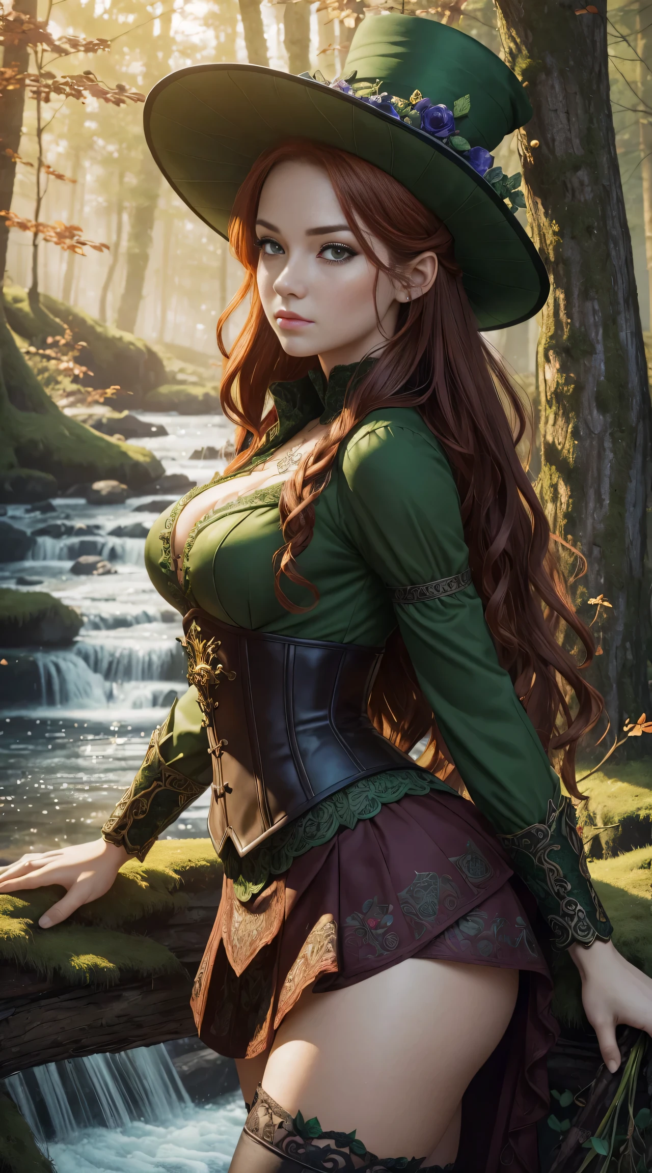 Masterpiece, high details, best quality, 8k, [ultra detailed], masterpiece, best quality, (extremely detailed), dynamic angle, ultra wide shot, RAW, photorealistic, fantasy art, dnd art, rpg art, realistic art, a wide angle picture of a female fairie ranger and her pet fox,  [[anatomically correct]]. dynamic position (1.5 intricate details, Masterpiece, best quality) talking to a fox, red fox, fantasy style, smoothlight (1.6 intricate details, Masterpiece, best quality) in forest (1.5 intricate details, Masterpiece, best quality), a female wearinodest medium length dark green skirt with corset top) with thigh high green stockings and hat (1.4 intricate details, Masterpiece, best quality), thick hair, long hair, auburn red hair, fair skin intense (brown) eyes, forest background (intense details), a stream flowing in the backgraound (1.4 intricate details, Masterpiece, best quality), dawn light, clouds (1.4 intricate details, Masterpiece, best quality), dynamic angle, (1.4 intricate details, Masterpiece, best quality) 3D rendering, high details, best quality, highres, ultra wide angle, celtic fantasy, clover, poison ivy, fae, goddess of mischief, green magic, (wearing green tophat), pixie, fairy, celtic, Autumn, beautiful autumn spirit, fall season, Dark colored roses, perfect creation, perfect art, highly detailed, detailed art, masterpiece, perfect creation, perfect art, (outlined iris), (perfect eyeull figure),