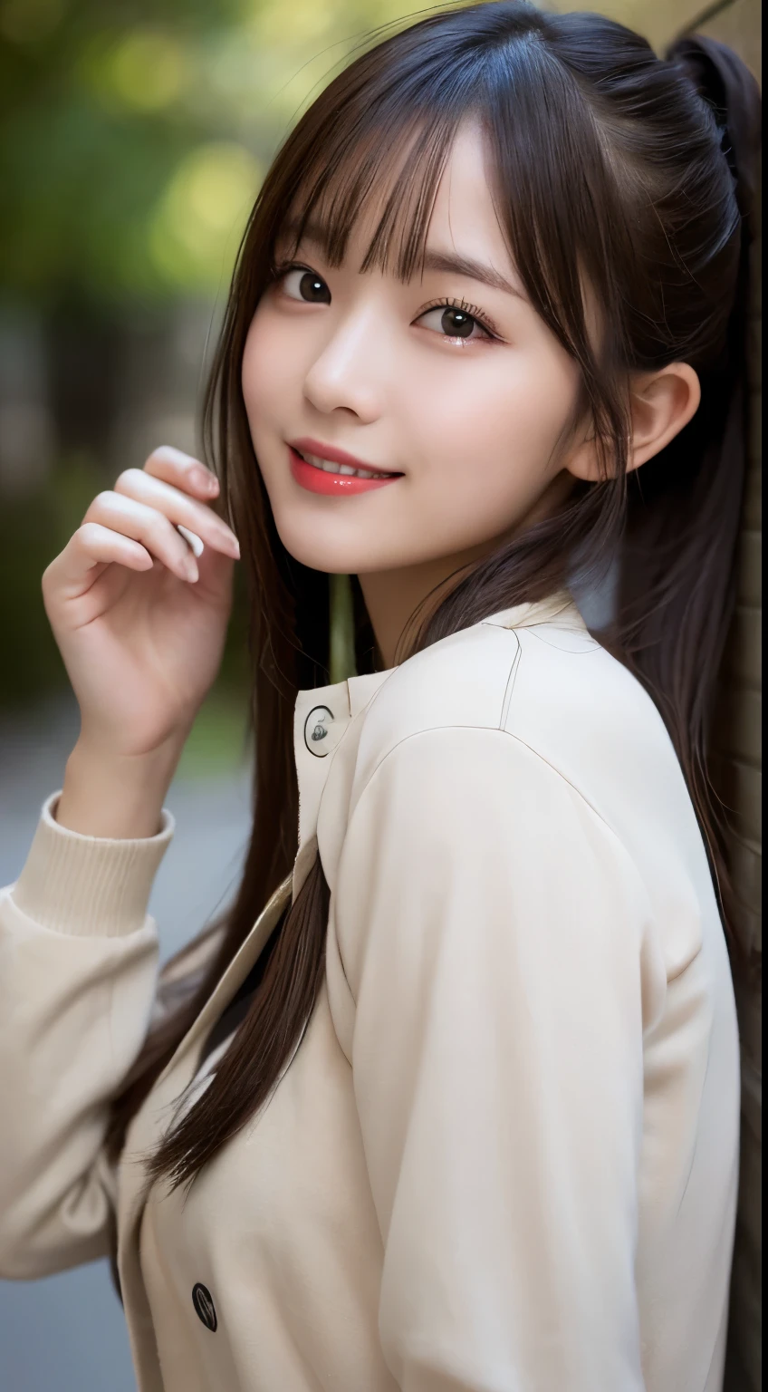 muste piece, highest quality, illustration, Super detailed, finely, High resolution, 8k wallpaper, perfect dynamic composition, beautiful and fine eyes, Down jacket,ponytail,Small breasts natural color lip, bold sexy pose,smile、20 year old girl、cute、sexy shot looking at camera,Raw photo,perfect and beautiful face,beautiful and detailed face、using your whole body、Please take a pose that makes you feel very happy.。.