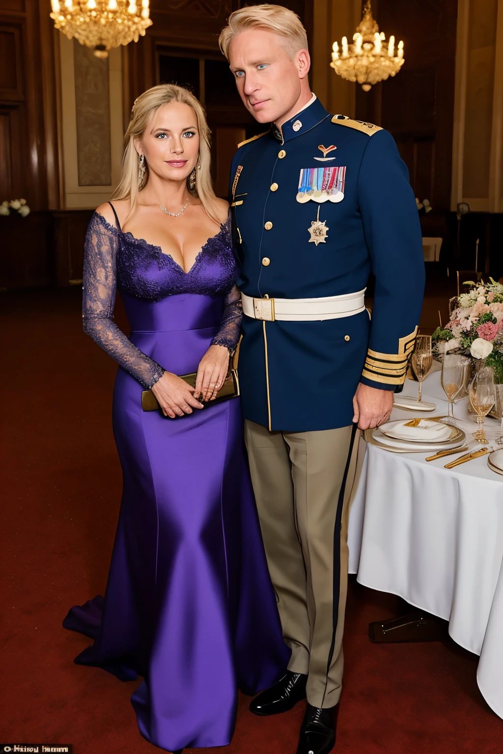 When the couple entered the grand dining hall, all eyes were drawn to their striking appearance. The gentleman, a 60-year-old man with blond hair and blue eyes, a decorated military general, stood tall and proud in his uniform adorned with medals and golden shoulder pads. His companion, a stunning blonde 50-year-old with piercing blue eyes, exuded elegance in her form-fitting long-sleeved purple silk dress. The room was filled with whispers of admiration as the couple sat at the head of the table.