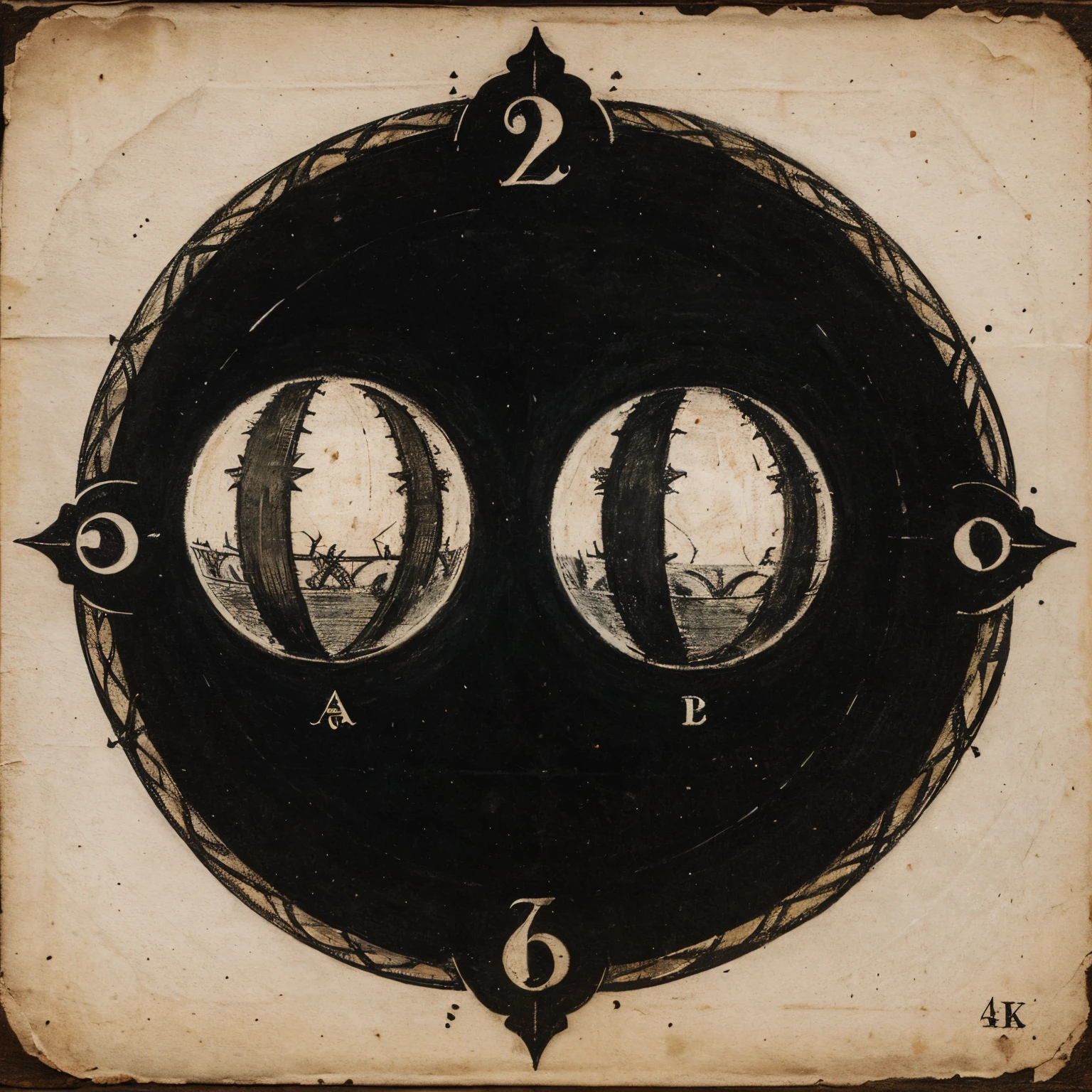 A symbol that draw a 2 Moons with an aesthetic, old Europe medieval style with a very mysterious and and drawn on the old paper with an only black, brown and white color in it with a Text Serbreyakof family
