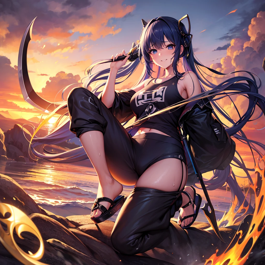 (absurderes、hight resolution、ultra-detailliert)、masterpiece、top-quality、Girl with a scythe、独奏、miku hatsune、Twin-tailed、blue eyess、ear piercinginely eye and detailed face、((Joggers、sweat pant、sandal))、Sickle design、Complex scythe、Fantasy scythe、evil smile、Dramatic skies、Isolated land、looking-down、spark of light、whirlpool、Um ser celestial、Full of elements,