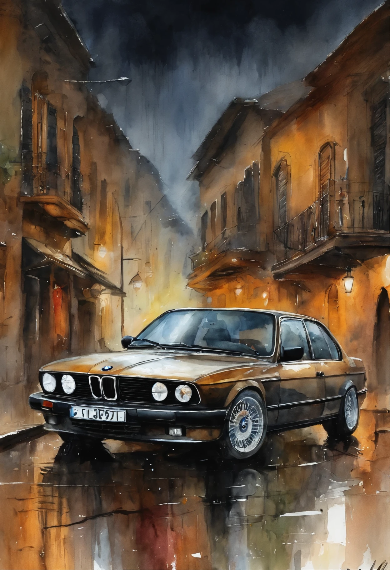 BMW,style cyberpunk,Rainy evening , Ambiance algeria
