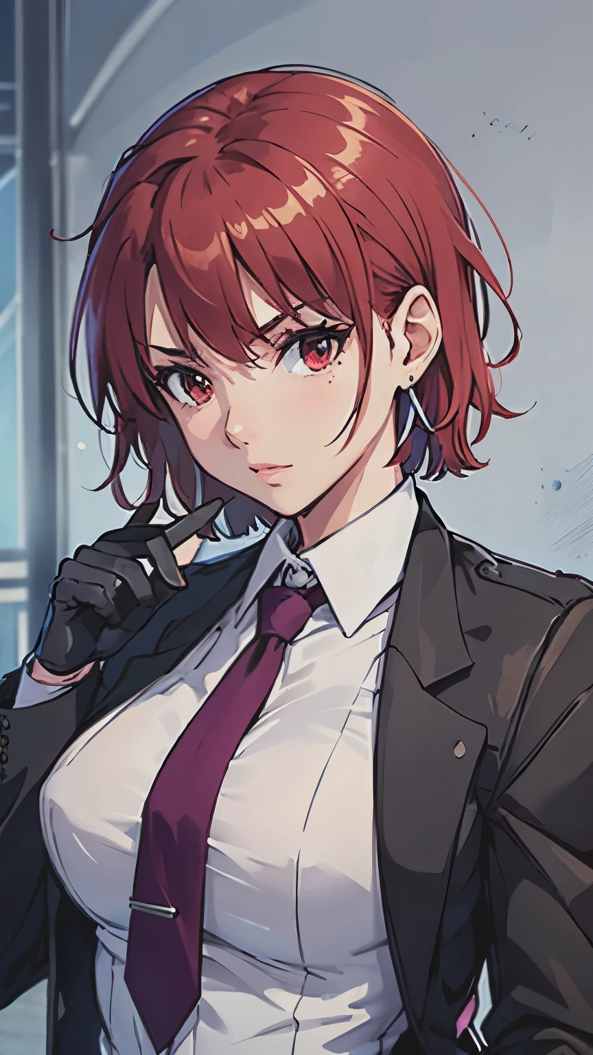 (masterpiece, best quality:1.2), bazett, fgo, 1girl, solo, short hair, red hair, bangs, red eyes,  large breasts, black gloves, formal suit, necktie, jacket, upper body, earrings, 