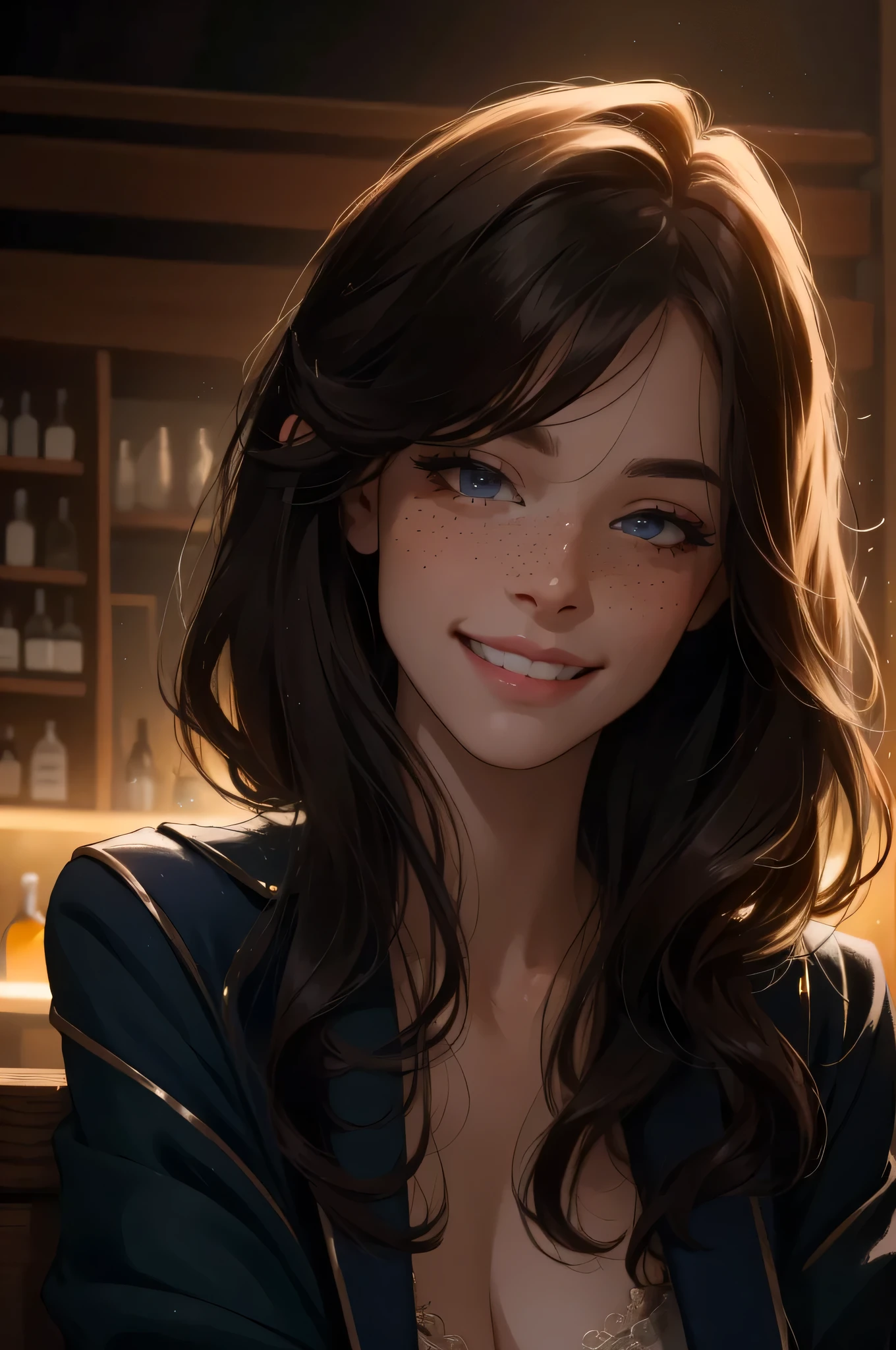 portrait photo of elexissinclaire wearing esjacket at a nightclub sitting at bar, wicked smile, (masterpiece) (best quality) (detailed) (8k) (HDR) (wallpaper) (cinematic lighting) (sharp focus) (intricate) freckles