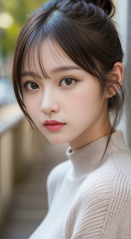 finely, High resolution, high quality、perfect dynamic composition, detailed and beautiful eyes, medium hair, small breasts、natural color lip,Kamimei、Shibuya Ward、20 year old girl、1 person、transparent skin、shining hair、muste piece, 最high quality, illustration, super detailed, finely, High resolution, 8K、The correct state of the human body、Randomly cute poses,ponytail hair,beautiful feet,perfect beautiful face,KPOP idol face,Face that feels ecstasy,Pale light grey knitted dress,background blur,Randomly dress up as a model for a women's fashion magazine
