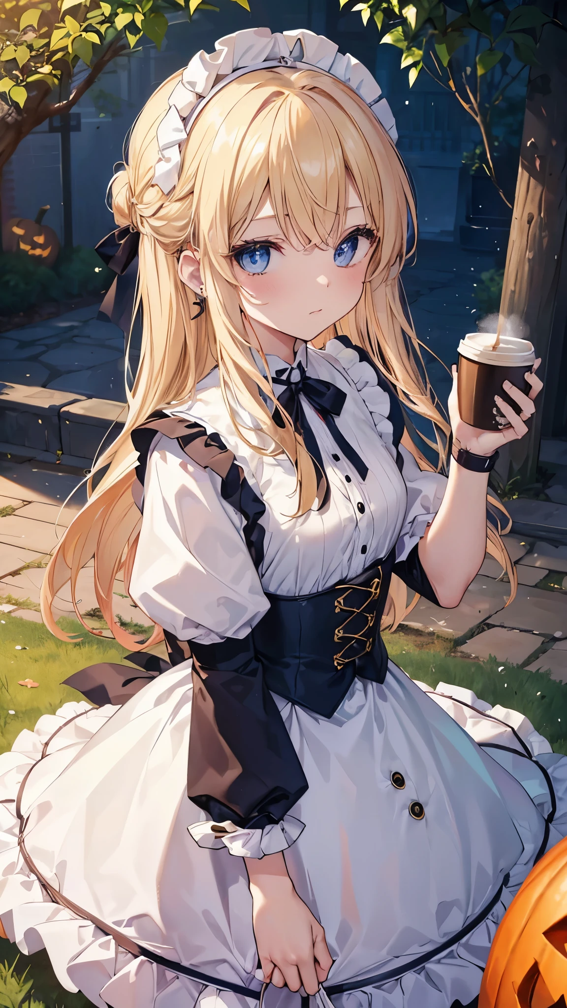 top-quality、Top image quality、masterpiece、girl with((18year old、Maid clothes with open chest、Best Bust、Bust 85、a blond、Longhaire、Blue eyes、open chest wide、Valley、Happineslack wristband on wrist、A slender、耳Nipple Ring、The wind blows,holding coffee cup、close to viewer、turned around、))hiquality、visualart、Halloween Party、Halloween 、masutepiece、
