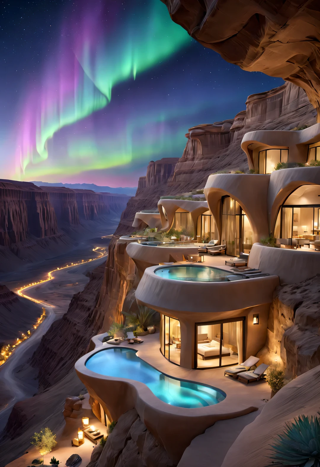 The design of the desert canyon cliff resort wild luxury special-shaped hotel is flying in the sky, the steep and towering desert canyon is asymmetrical.
Symbiosis with the natural environment, desert canyon night, (aurora), stars, sky color
Aurora blooms,,by John Pawson,moonlight,extremely detailed, best quality, masterpiece, high resolution, Hyperrealistic, 8K, top-view,  high angle view,  low angle view,  