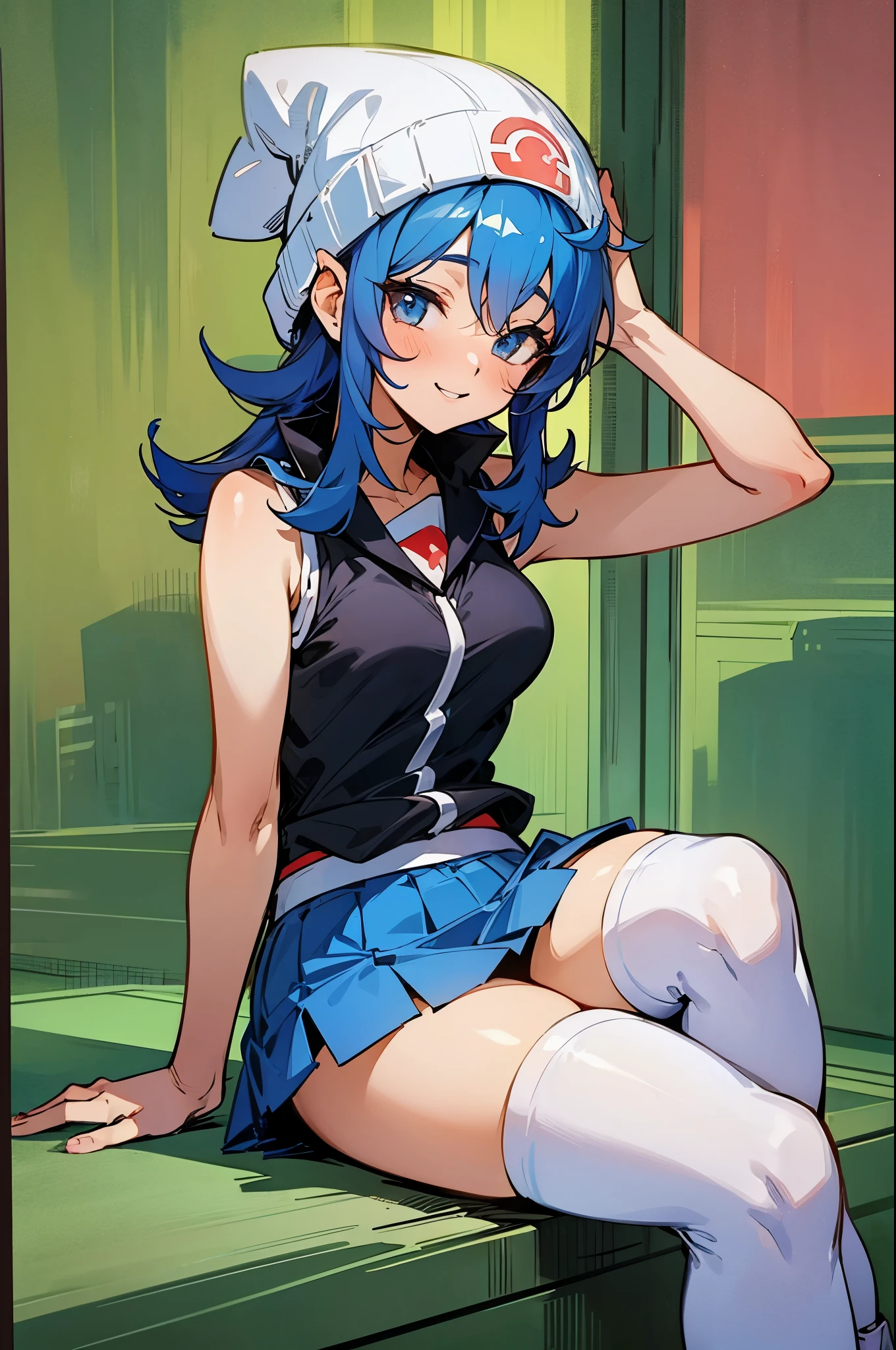 1 woman, winking face, dawn hikari pokémon, dawn character, beanie, dark blue hair, sleeveless vest shirt, mini skirt, white thigh-highs, white leggings, boots, hand in lap leaning foward,