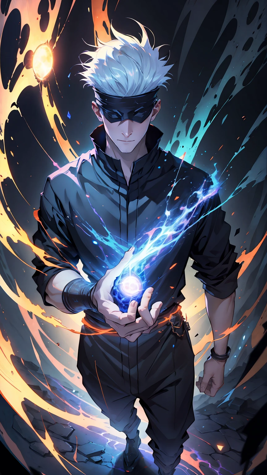 1boy, full body shot, satoru gojo, blindfold, black outfit, white hair, battle pose, red magic energy void in right,blue magic energy void in left, smirk, red and blue moon background, wallpaper, cinematic,High resolution 8K, Bright light illumination, lens flare, sharpness, masterpiece, top-quality, The ultra -The high-definition, high resolution, extremely details CG, Anime style, Film Portrait Photography,