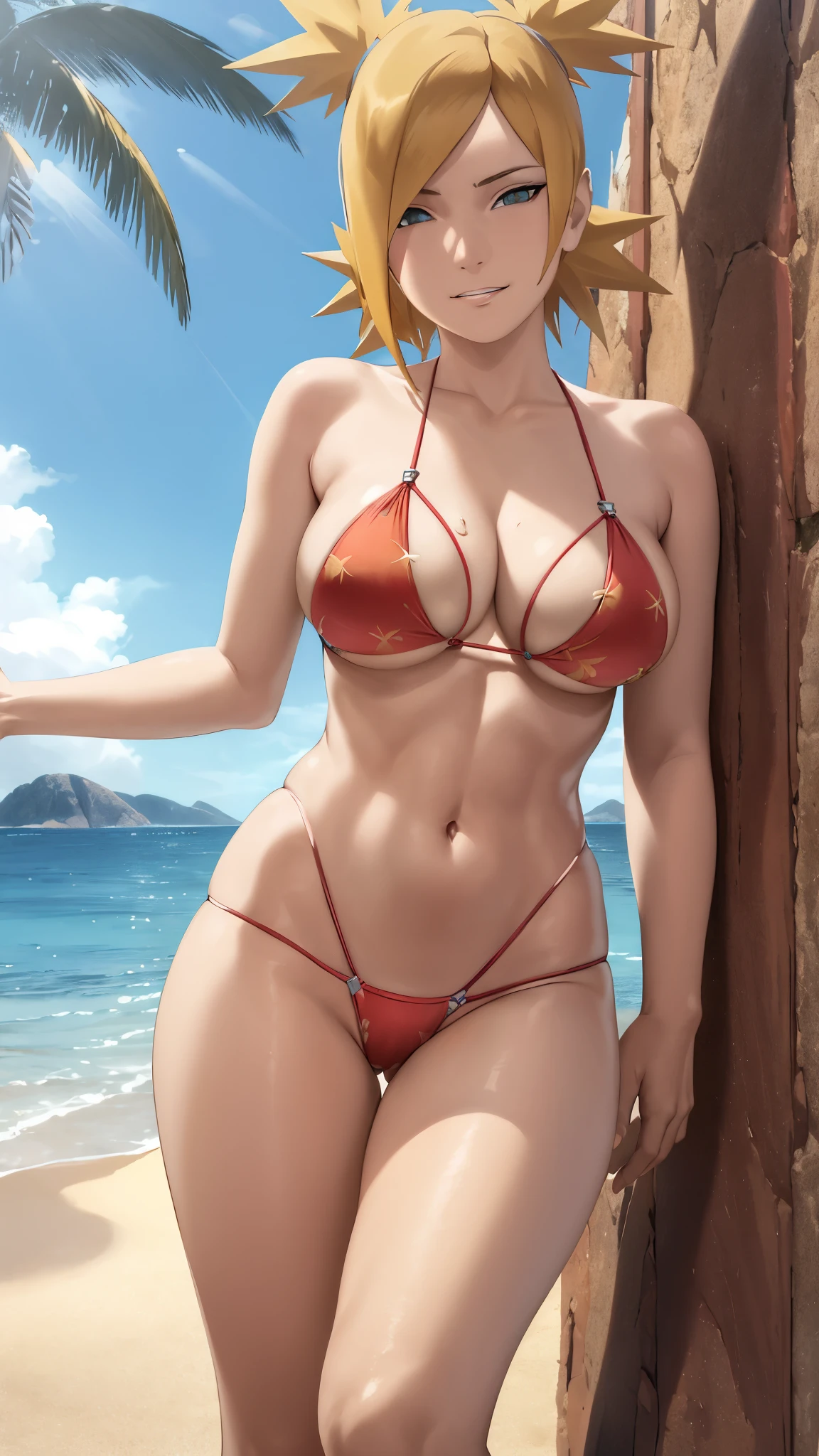 masterpiece, absurdres , (intricate details), (colorful),cinematic lighting,bust shot,extremely detailed CG unity 8k wallpaper,temari\(boruto\), 1girl, mature female,breasts,bikini, red bikini ,beach, summer, sunlight, ocean,wind, cloudy sky, palm tree, smile, parted lips,  looking at viewer, running,lens flare,