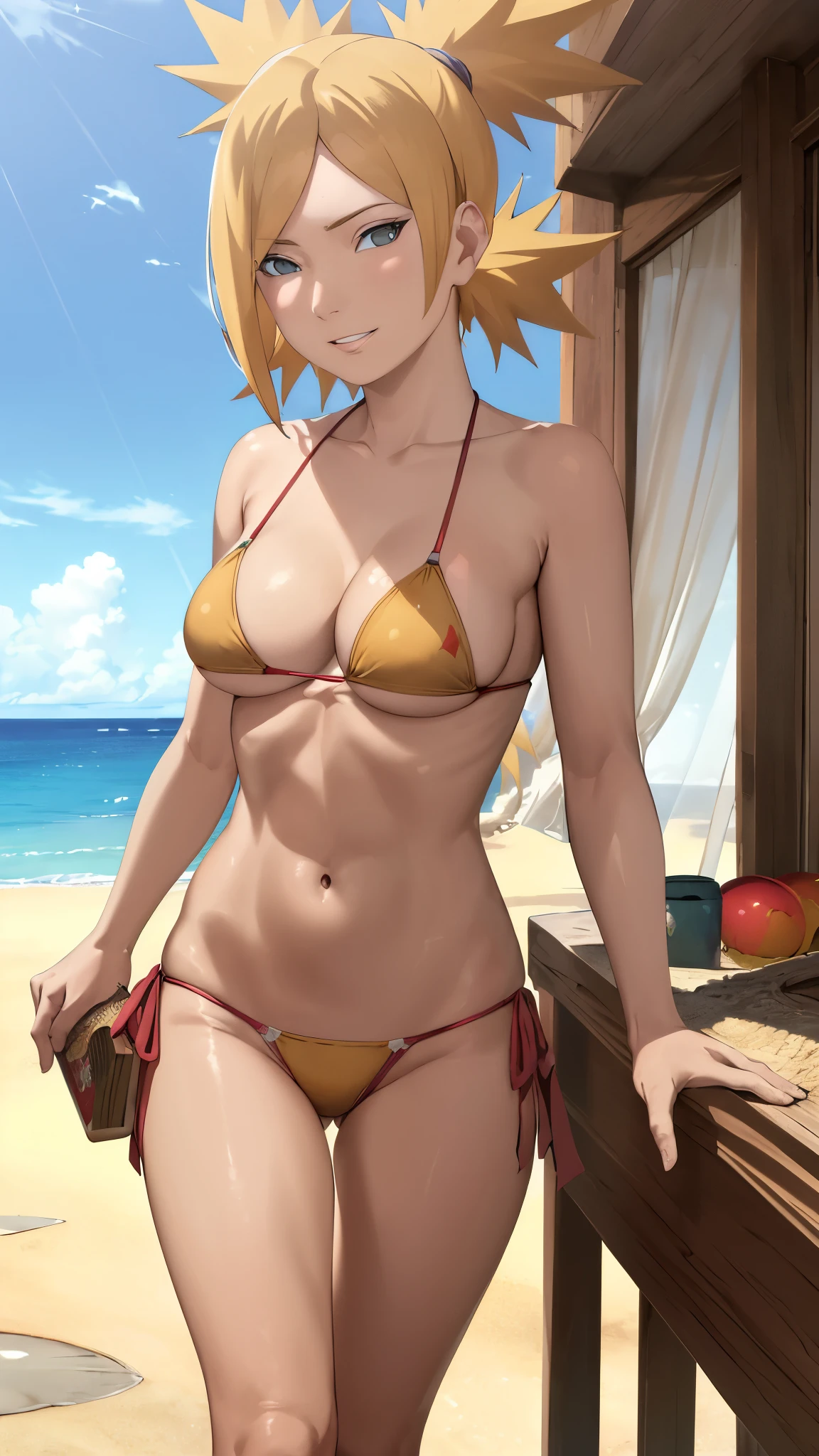masterpiece, absurdres , (intricate details), (colorful),cinematic lighting,bust shot,extremely detailed CG unity 8k wallpaper,temari\(boruto\), 1girl, mature female,breasts,bikini, red bikini ,beach, summer, sunlight, ocean,wind, cloudy sky, palm tree, smile, parted lips,  looking at viewer, running,lens flare,
