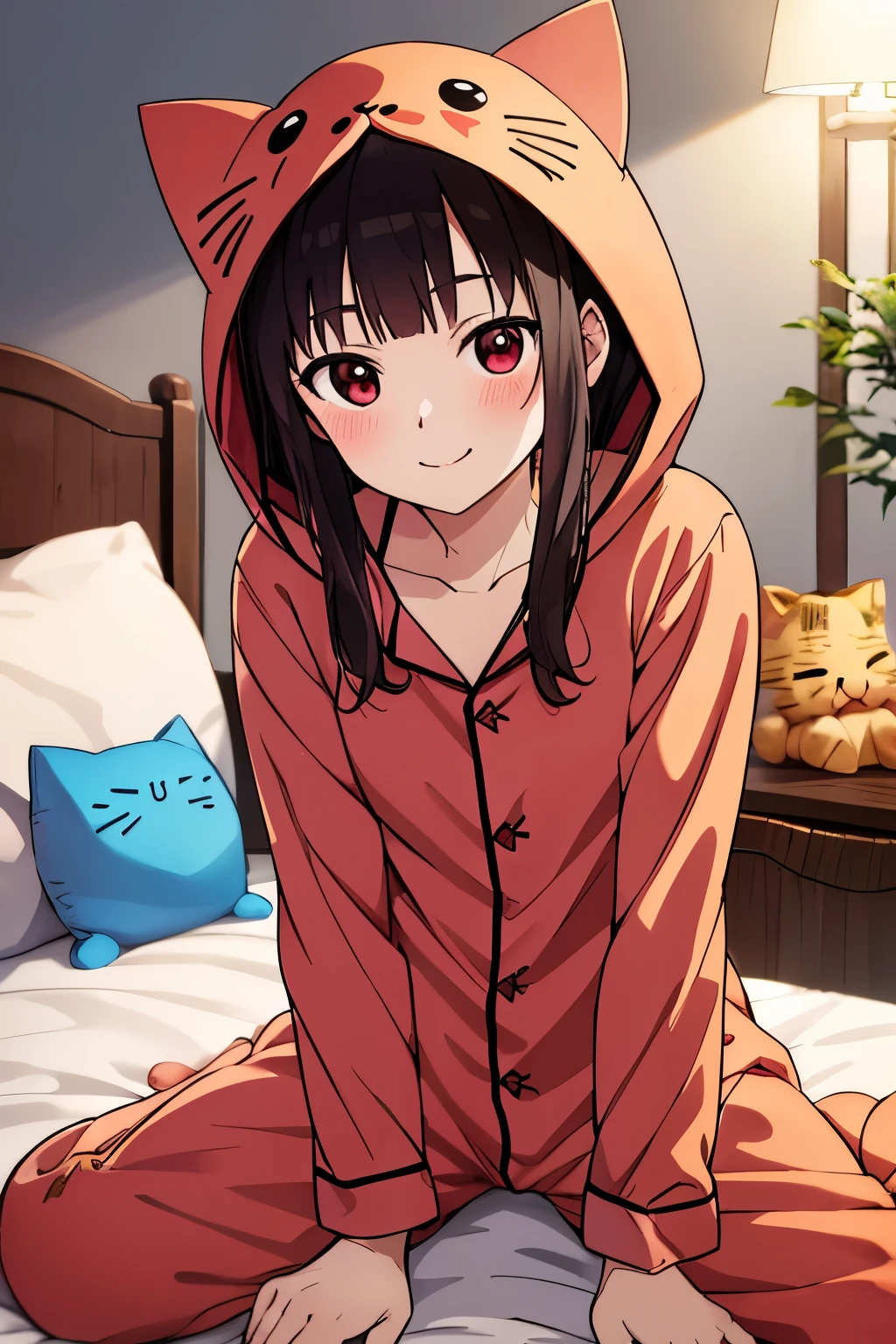 master piece, best quality, ultra high resolution, 最high quality, anime style, best writing, beautiful face, masterpiece, 最high quality, high quality, short hair with long hair,bangs,chest , blush, best smile, (Cat costume pajamas:1.3), Wearing a hood, bed, face down, 