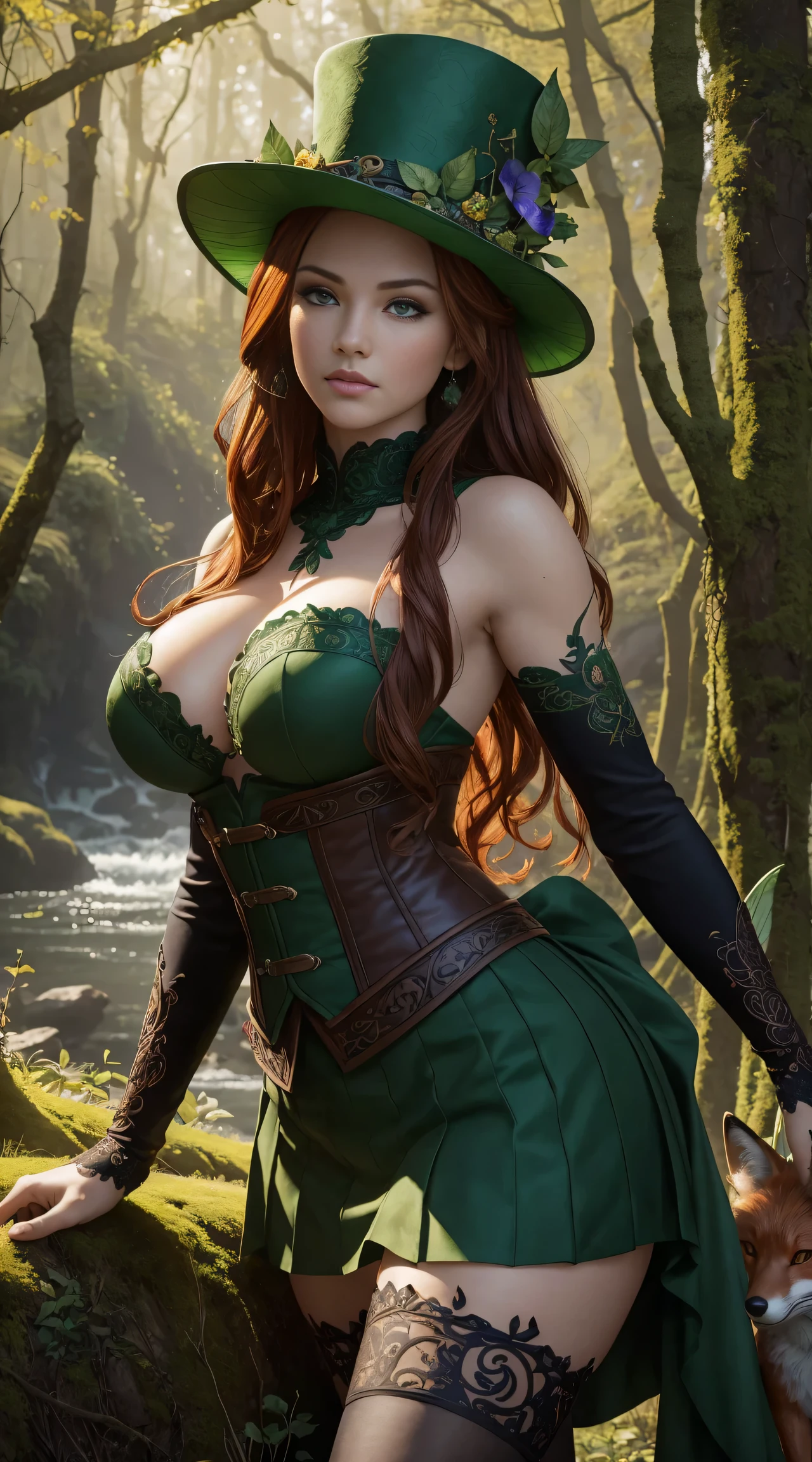 Masterpiece, high details, best quality, 8k, [ultra detailed], masterpiece, best quality, (extremely detailed), dynamic angle, ultra wide shot, RAW, photorealistic, fantasy art, dnd art, rpg art, realistic art, a wide angle picture of a female fairie ranger and her pet fox,  [[anatomically correct]]. dynamic position (1.5 intricate details, Masterpiece, best quality) talking to a fox, red fox, fantasy style, smoothlight (1.6 intricate details, Masterpiece, best quality) in forest (1.5 intricate details, Masterpiece, best quality), a female wearinodest medium length dark green skirt with corset top) with thigh high green stockings and hat (1.4 intricate details, Masterpiece, best quality), thick hair, long hair, auburn red hair, fair skin intense (brown) eyes, forest background (intense details), a stream flowing in the backgraound (1.4 intricate details, Masterpiece, best quality), dawn light, clouds (1.4 intricate details, Masterpiece, best quality), dynamic angle, (1.4 intricate details, Masterpiece, best quality) 3D rendering, high details, best quality, highres, ultra wide angle, celtic fantasy, clover, poison ivy, fae, goddess of mischief, green magic, (wearing green tophat), pixie, fairy, celtic, Autumn, beautiful autumn spirit, fall season, Dark colored roses, perfect creation, perfect art, highly detailed, detailed art, masterpiece, perfect creation, perfect art, (outlined iris), (perfect eyeull figure),