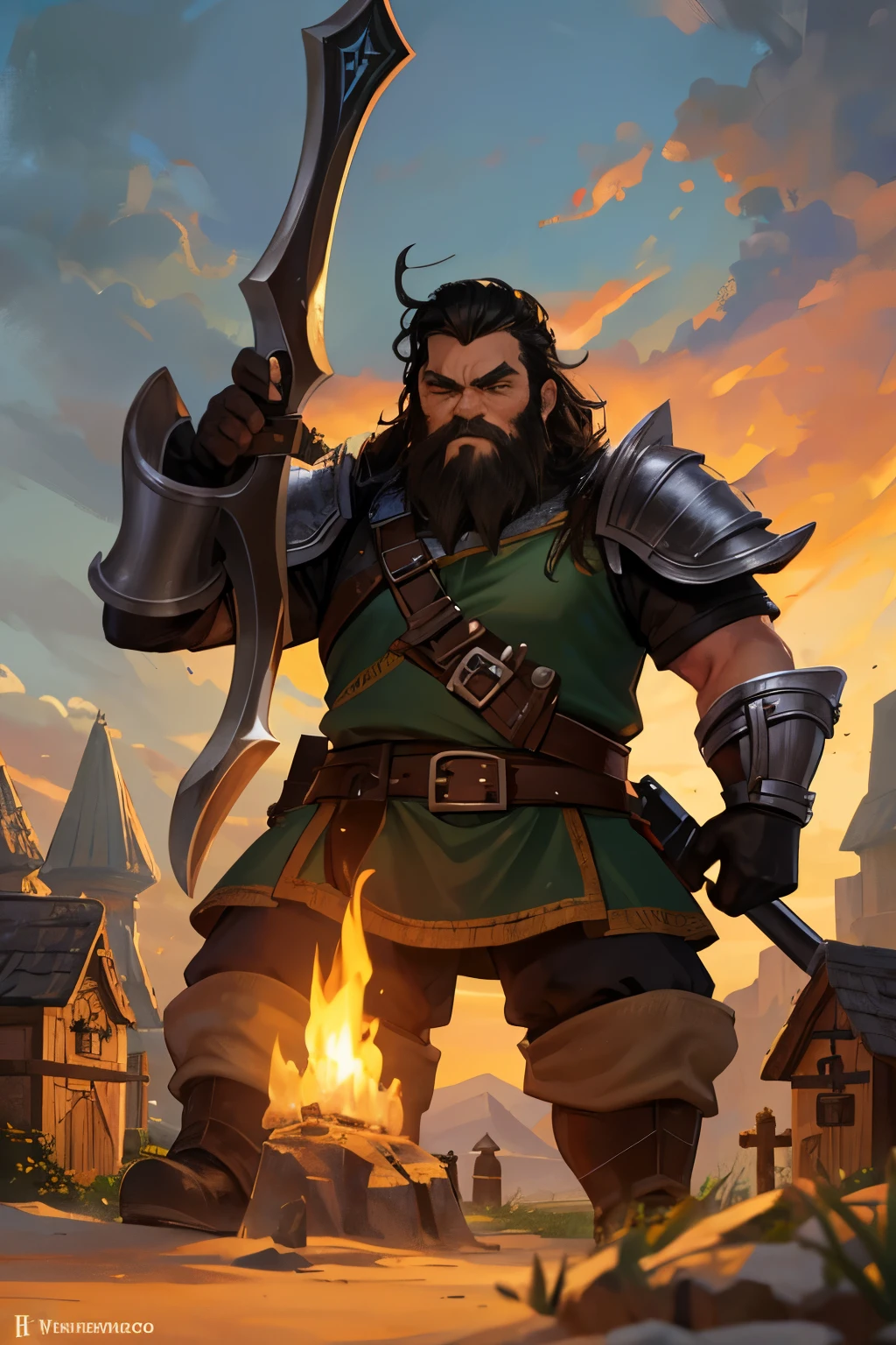 A dwarf with a black beard, green eyes, in leather armor, holding two swords, with a gnome village in the background