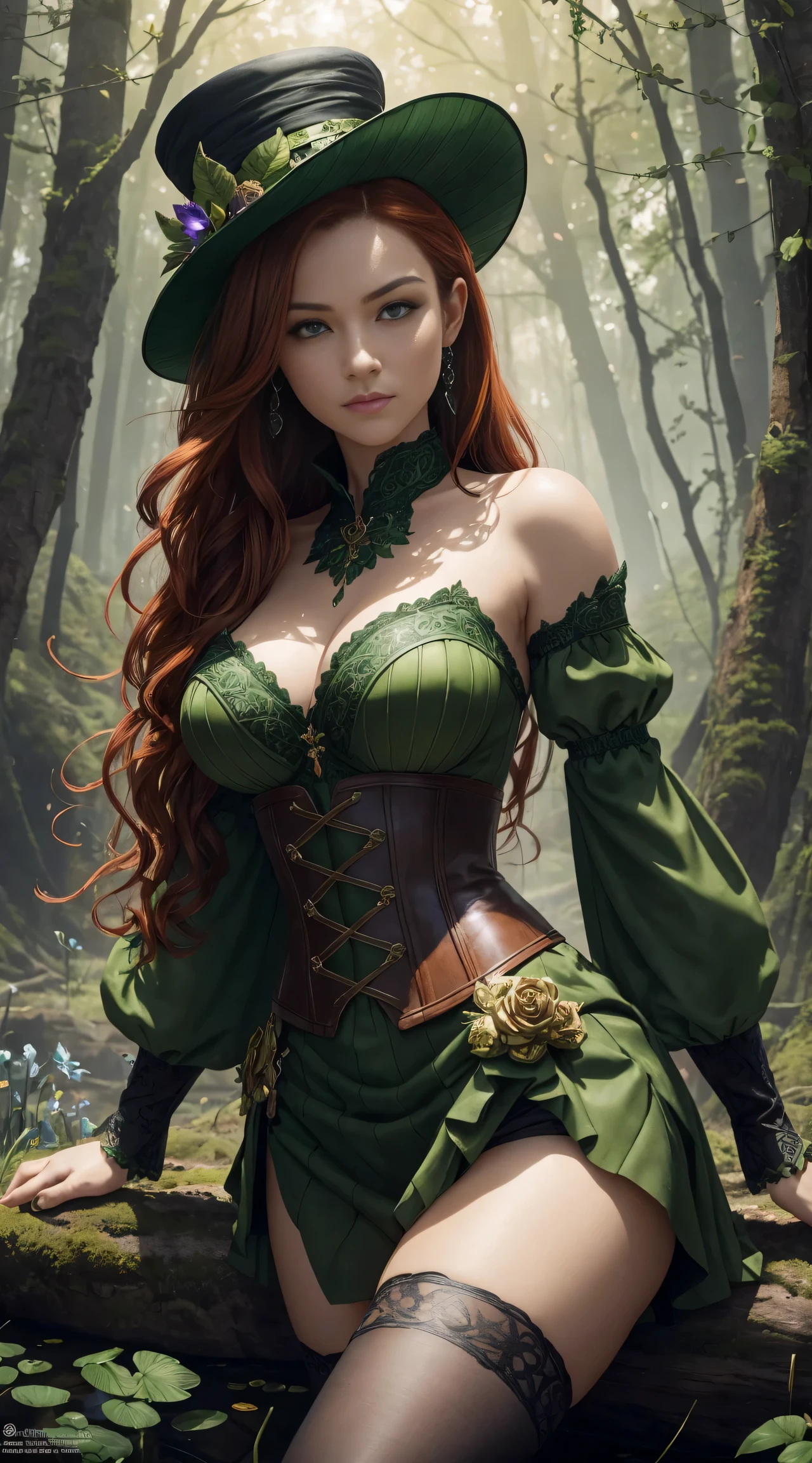 Masterpiece, high details, best quality, 8k, [ultra detailed], masterpiece, best quality, (extremely detailed), dynamic angle, ultra wide shot, RAW, photorealistic, fantasy art, dnd art, rpg art, realistic art, a wide angle picture of a female fairie ranger and her pet fox,  [[anatomically correct]]. dynamic position (1.5 intricate details, Masterpiece, best quality) talking to a fox, red fox, fantasy style, smoothlight (1.6 intricate details, Masterpiece, best quality) in forest (1.5 intricate details, Masterpiece, best quality), a female wearinodest medium length dark green skirt with corset top) with thigh high green stockings and hat (1.4 intricate details, Masterpiece, best quality), thick hair, long hair, auburn red hair, fair skin intense (brown) eyes, forest background (intense details), a stream flowing in the backgraound (1.4 intricate details, Masterpiece, best quality), dawn light, clouds (1.4 intricate details, Masterpiece, best quality), dynamic angle, (1.4 intricate details, Masterpiece, best quality) 3D rendering, high details, best quality, highres, ultra wide angle, celtic fantasy, clover, poison ivy, fae, goddess of mischief, green magic, (wearing green tophat), pixie, fairy, celtic, Autumn, beautiful autumn spirit, fall season, Dark colored roses, perfect creation, perfect art, highly detailed, detailed art, masterpiece, perfect creation, perfect art, (outlined iris), (perfect eyeull figure),