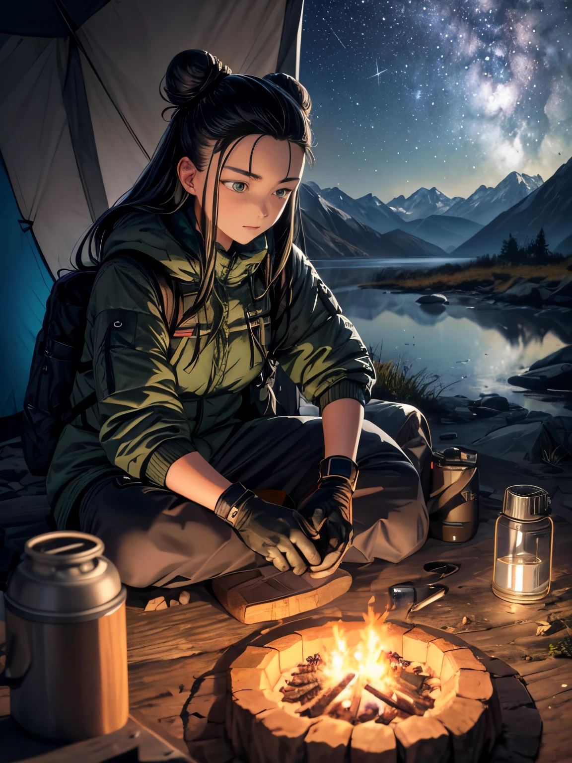 muste piece, best quality, ultra-detailsed, illustration, 1 girl, solo, outdoors, camping, night time, mountain range, nature, star, the moon, bonfire, tent, ((Long hair in two buns)), ((slicked back hairstyle))、Forehead is exposed.、black hair、((green eyes))、cheerful, Feel happy, rucksack, sleeping bag, camping stove, Water bottle, mountain boots, gloves, sweater, flashLight, Mori, rock, riverbed, wood chips, smoke, shadow areas, contrast, clear sky, constellation, milky way, peaceful, Selene, Quietly, calm, remote, in the middle of nowhere, adventurous, expedition, escape, independent, survival, Kichi, challenge, perseverance, stamina, endurance, observation, intuition, Adaptability, Imagination, imagination, Artistry, Inspiration, Beauty products, awe, wonder, grateful, Appreciation, Relaxation, pleasure, rejuvenation, Mindfulness, consciousness, connection, harmony, to keep balance, Texture, details, Realism, depth, perspective, nice composition, color, Light, shadow area, reflection, refraction, tone, contrast, Qianfang, middle ground, background, naturalistic, figurative, Appearance, impression, Expressionism, abstract, innovative, experimental, only one