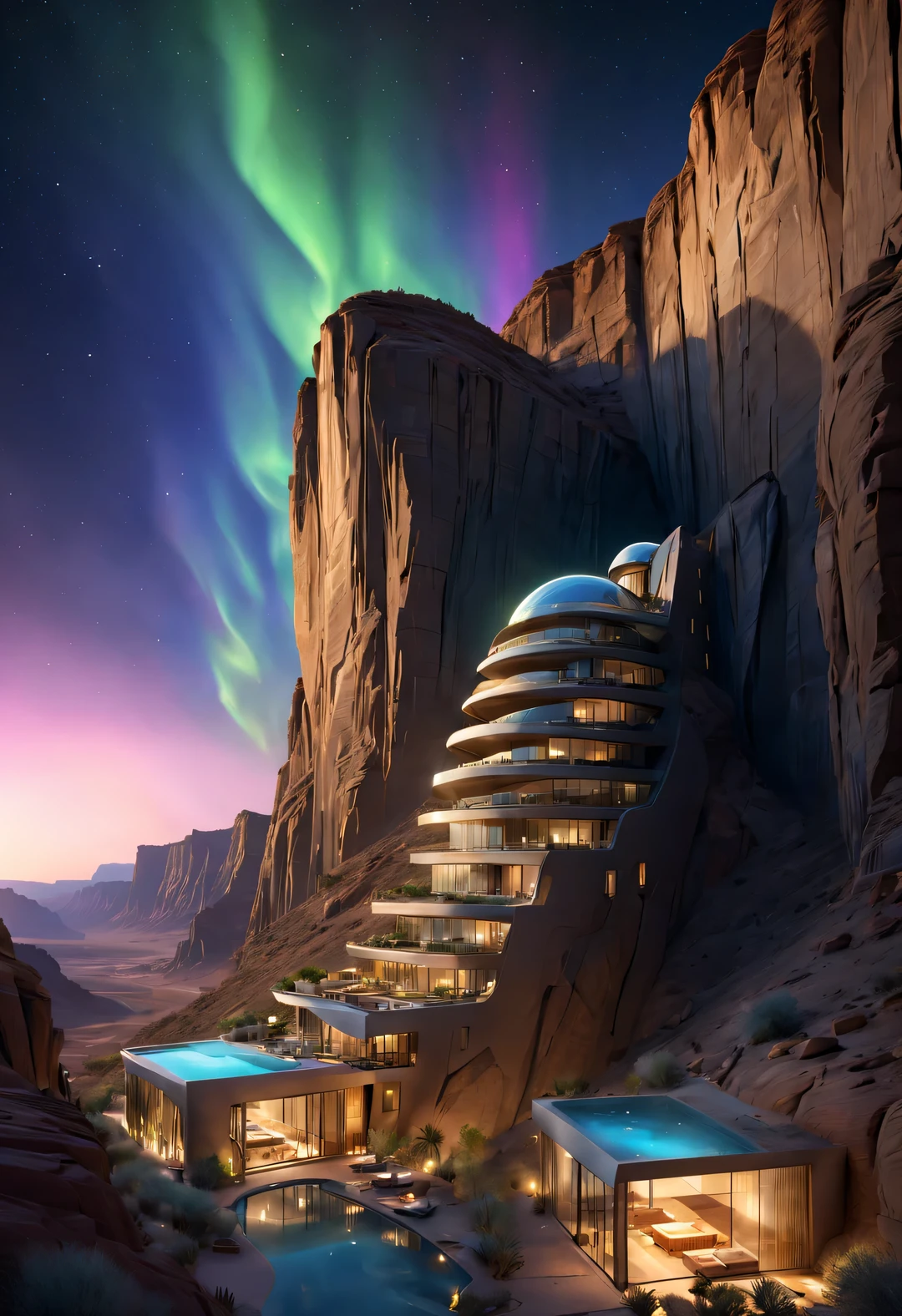 Towering desert canyon cliff resort wild luxury alien hotel volley design, steep and towering desert canyon, asymmetrical
Coexistence with the natural environment, desert canyon night, (aurora), stars, sky aurora bloom, meteors across,moonlight,extremely detailed, best quality, masterpiece, high resolution, Hyperrealistic, 8K, top-view,  high angle view,  low angle view,  by Oscar Niemeyer,by Frank Gehry,by Santiago Calatrava,