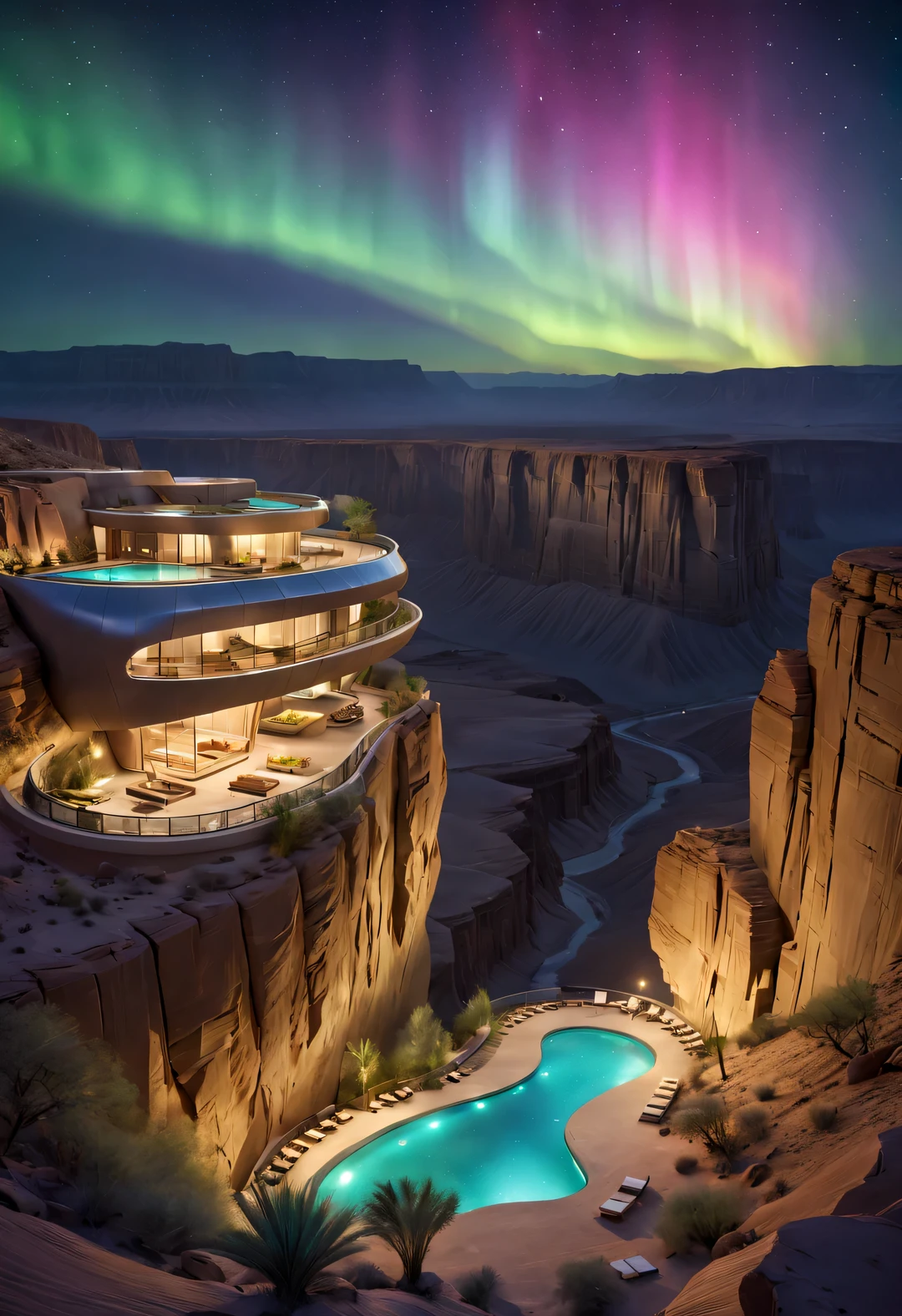 Towering desert canyon cliff resort wild luxury alien hotel volley design, steep and towering desert canyon, asymmetrical
Coexistence with the natural environment, desert canyon night, (aurora), stars, sky aurora bloom, meteors across,moonlight,extremely detailed, best quality, masterpiece, high resolution, Hyperrealistic, 8K, top-view,  high angle view,  low angle view,  by Oscar Niemeyer,by Frank Gehry,by Santiago Calatrava,