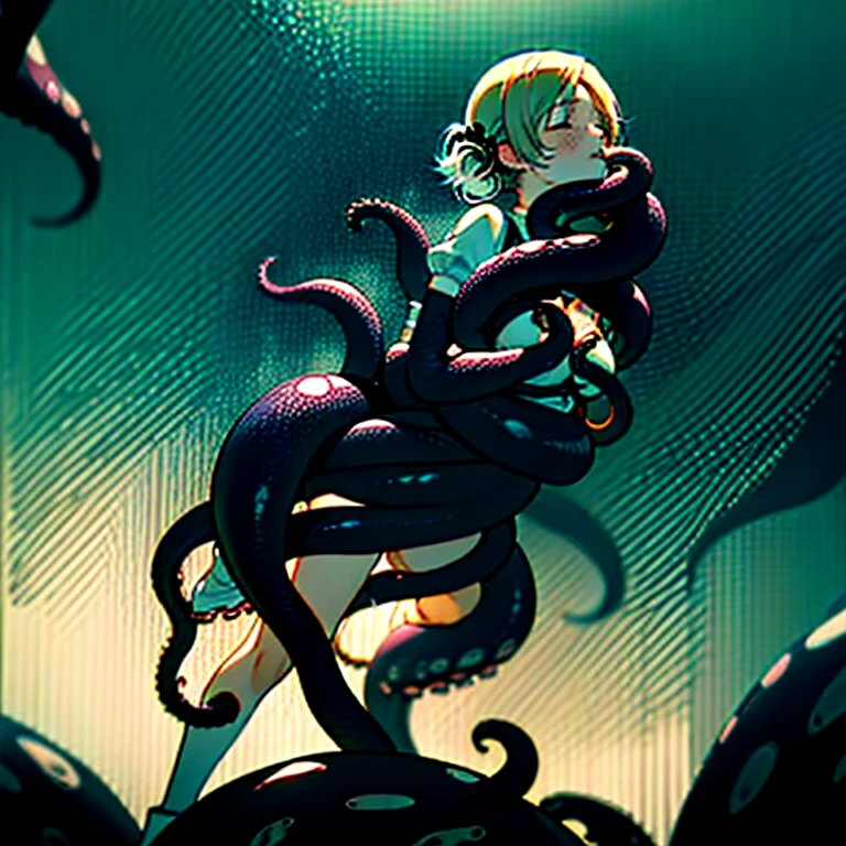 photo realistic, masterpiece, Best quality at best, 1girl, solo, standing, struggle, Beautiful udder, Legs with rich lines, sobbing, closed eyes, :o, mami tomoe, mucus, wantun-tentacles, tentacles, tentacle on neck, choking, (fluttering skirt, white panties:1.2)