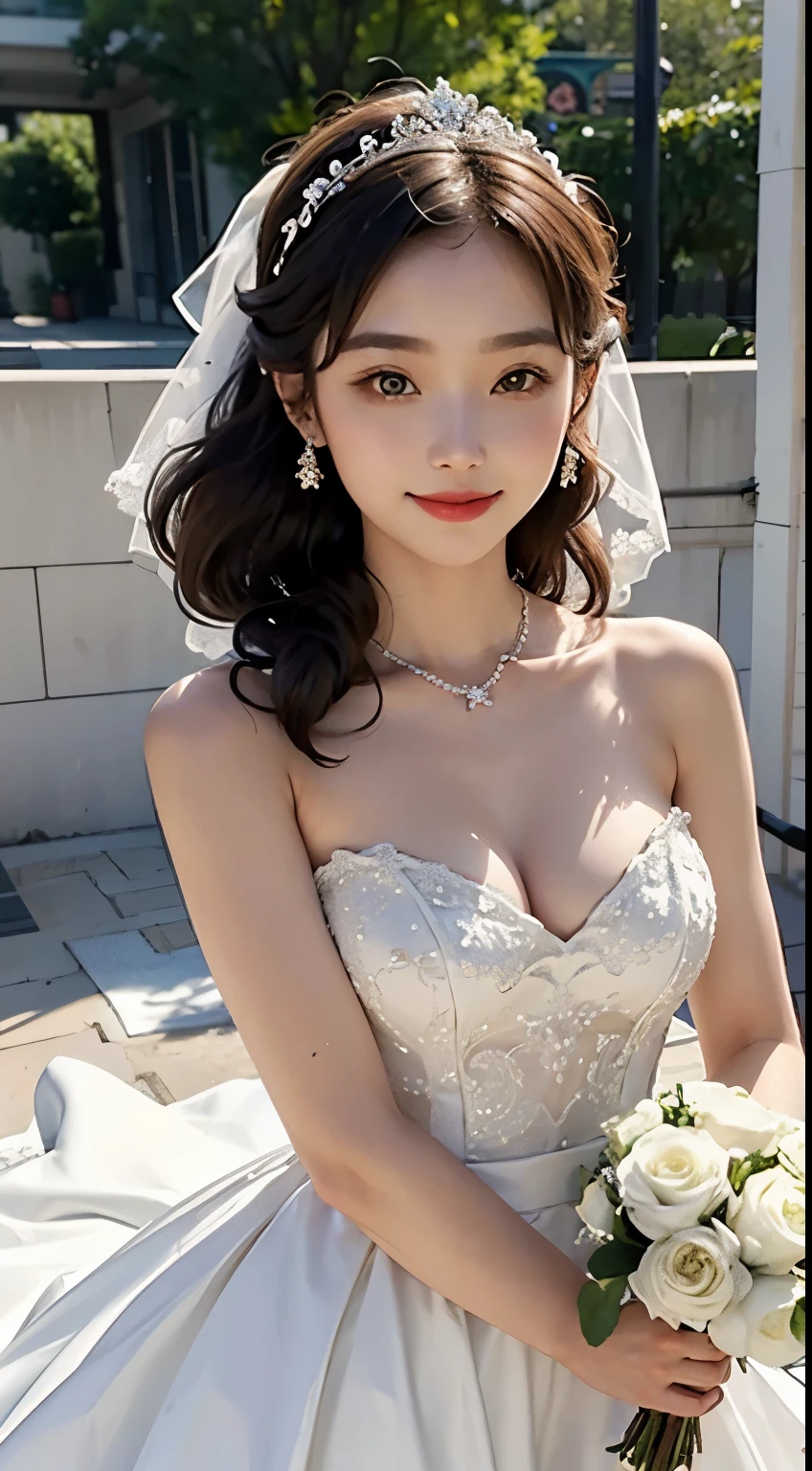 1 girl, Smile, shiny skin, delicate face, best quality, masterpiece, (actual: 1.4), Wedding dress, Random hairstyle, Perfect body, , Princess