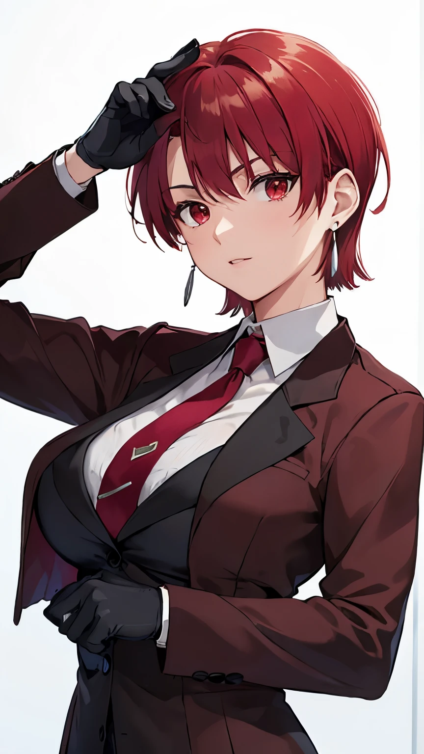 (masterpiece, best quality:1.2), bazett, fgo, 1girl, solo, short hair, red hair, bangs, red eyes,  large breasts, black gloves, formal suit, necktie, jacket, upper body, earrings, 