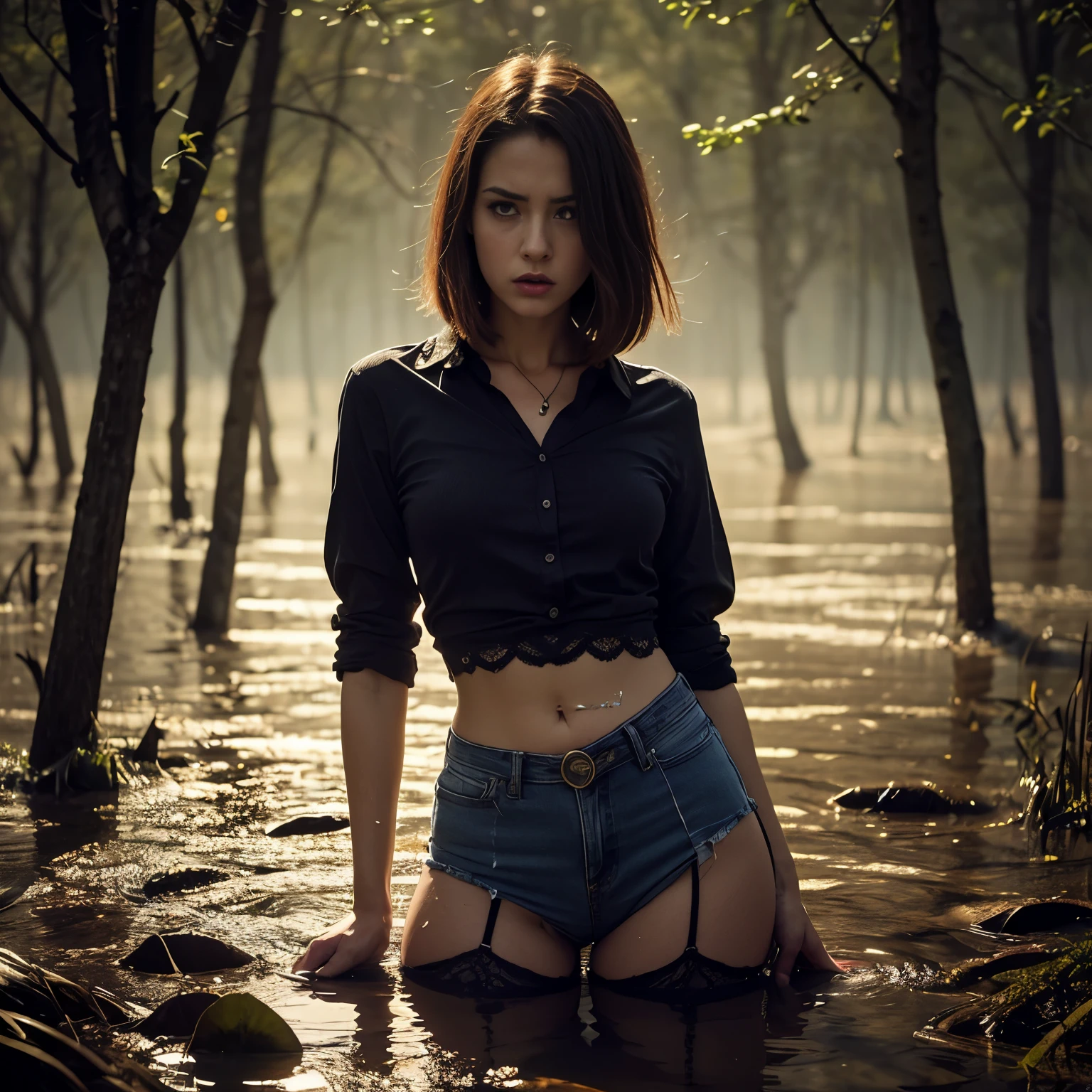 "(Best Quality,hight resolution:1.2),The woman,Expressive wrinkles,Bob haircut,jeans skirt,blouse,dark lace stockings with garters, standingn, ( drowning in a swamp:1.2),long eyelashes,expression of despair,the night, luna,Dark and moody lighting, terror. The pose expresses despair in gloomy ecstasy. bends down"