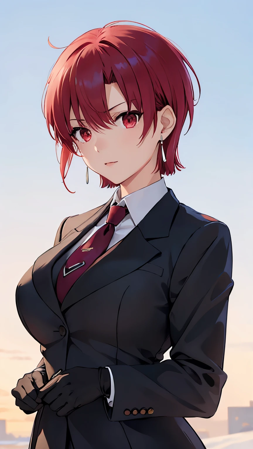 (masterpiece, best quality:1.2), bazett, fgo, 1girl, solo, short hair, red hair, bangs, red eyes,  large breasts, black gloves, formal suit, necktie, jacket, upper body, earrings, 