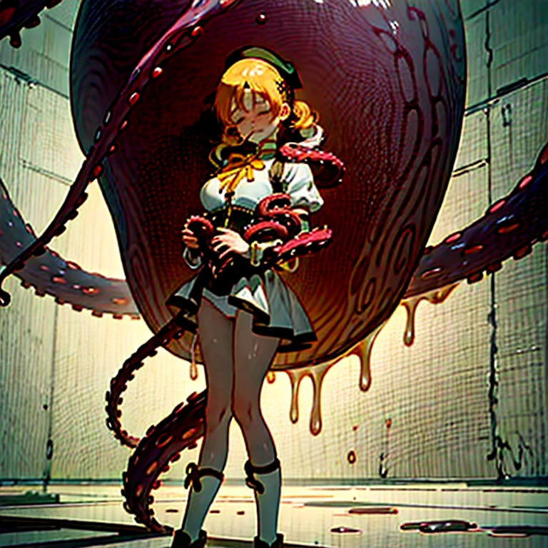 photo realistic, masterpiece, Best quality at best, 1girl, solo, standing, struggle, Beautiful udder, Legs with rich lines, sobbing, closed eyes, :o, mami tomoe, mucus, wantun-tentacles, tentacles, tentacle on neck, choking, (fluttering skirt, white panties:1.2)