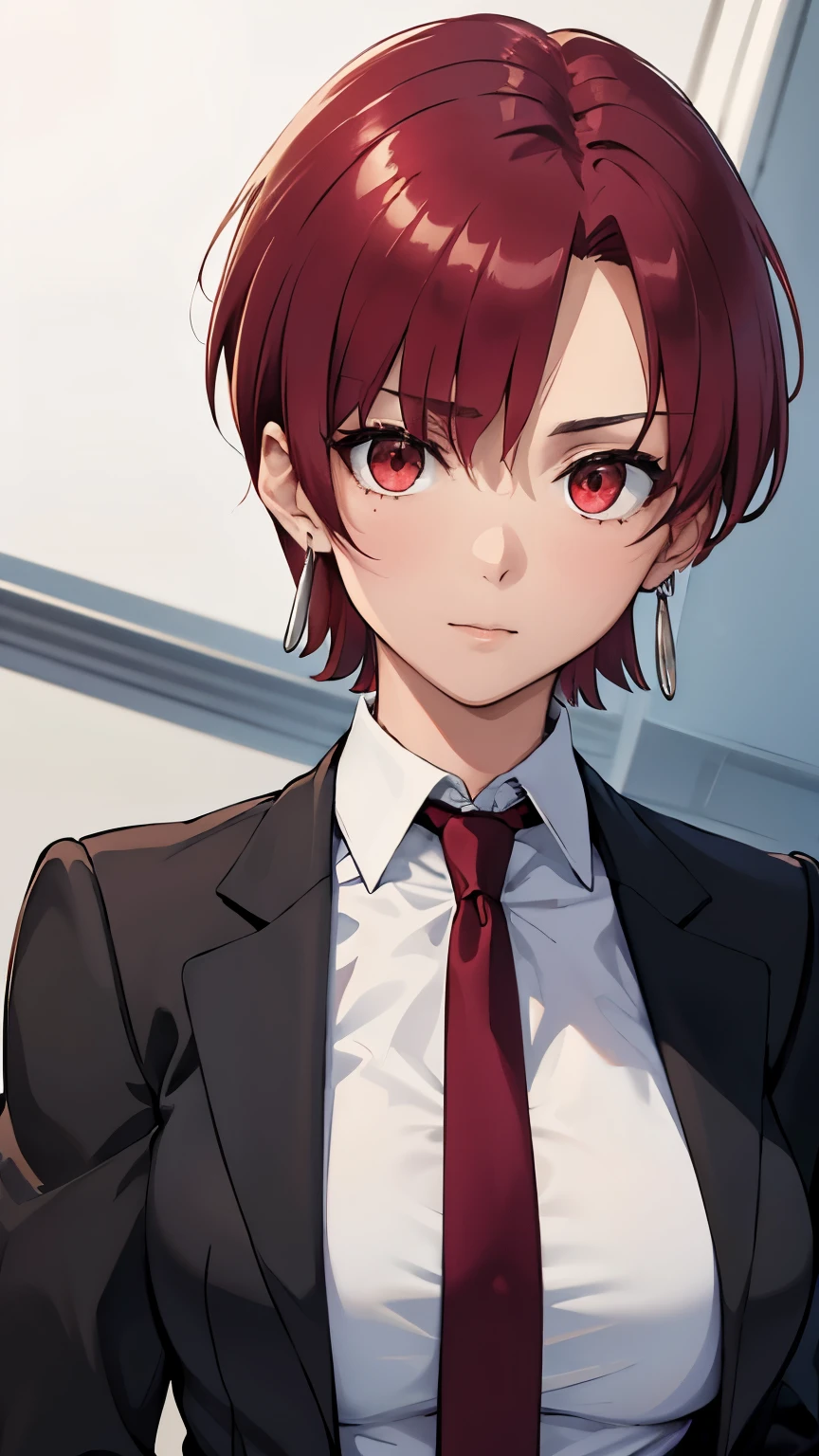 (masterpiece, best quality:1.2), bazett, fgo, 1girl, solo, short hair, red hair, bangs, red eyes,  large breasts, black gloves, formal suit, necktie, jacket, upper body, earrings, 