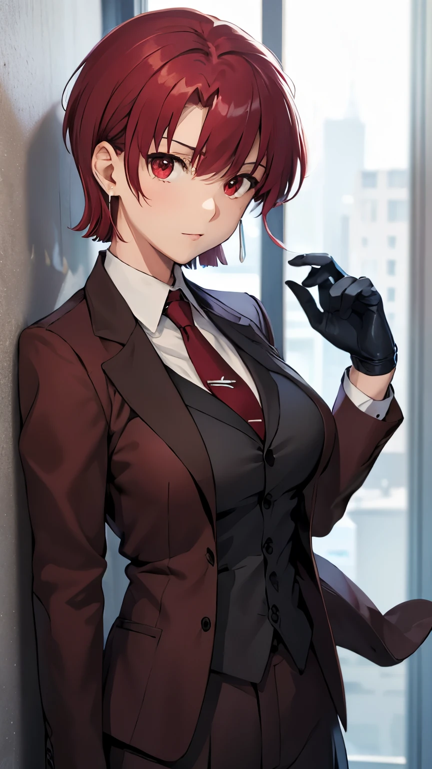 (masterpiece, best quality:1.2), bazett, fgo, 1girl, solo, short hair, red hair, bangs, red eyes,  large breasts, black gloves, formal suit, necktie, jacket, upper body, earrings, 