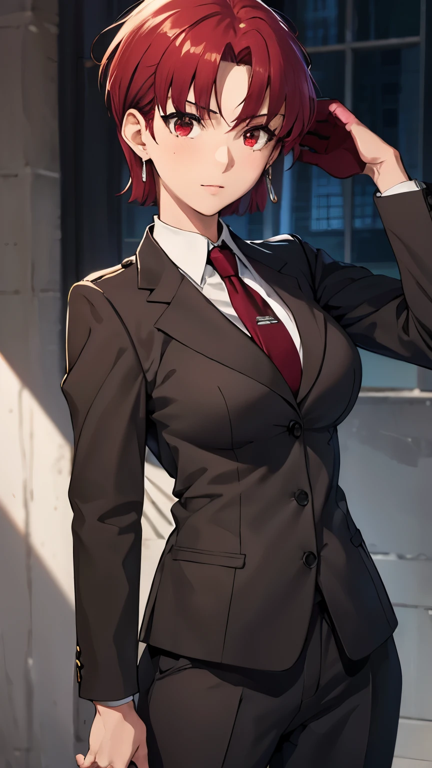 (masterpiece, best quality:1.2), bazett, fgo, 1girl, solo, short hair, red hair, bangs, red eyes,  large breasts, black gloves, formal suit, necktie, jacket, upper body, earrings, 