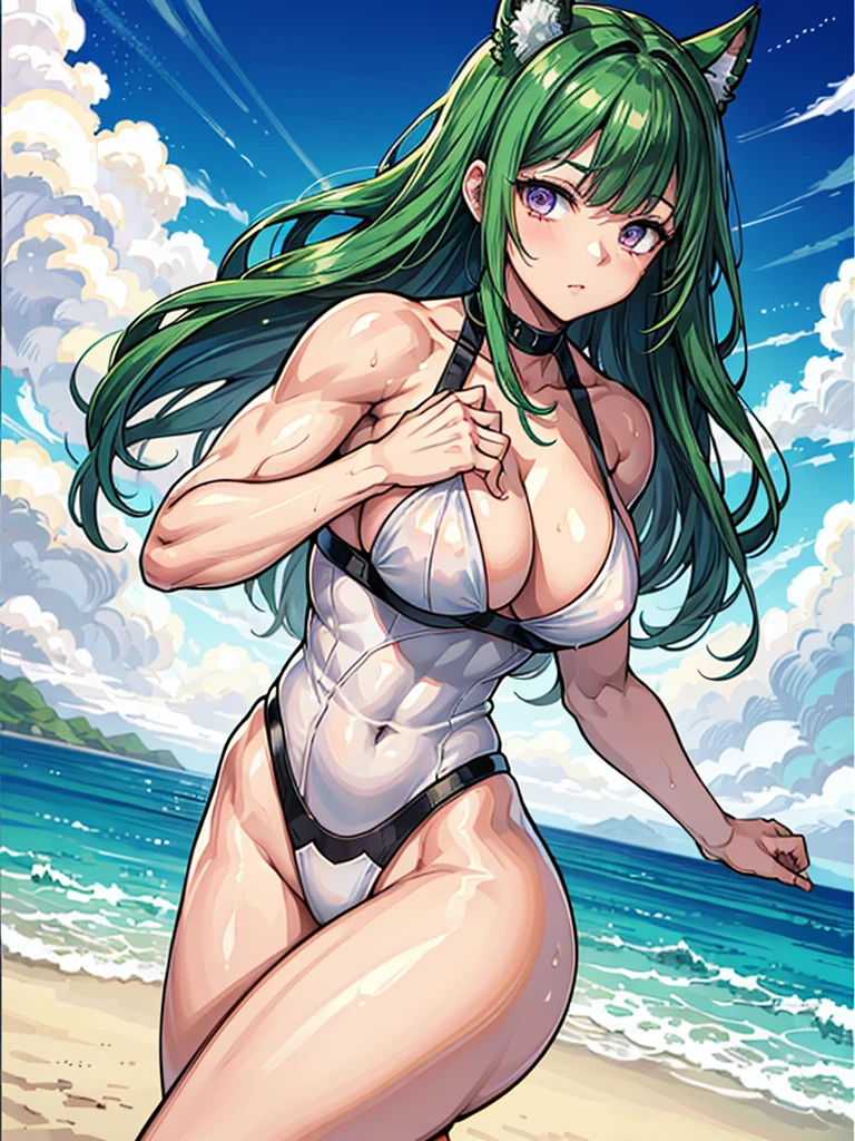 (((masterpiece、Highest image quality、highest quality、highly detailed unity 8kwallpaper)))、((Illustration of one girl))、(((beautiful girl)))、((green hair、sidelocks、purple eyes))、(stocky build, thickset physique, muscular legs, broad shoulders, solid chest)、white swimwear、sandy beach