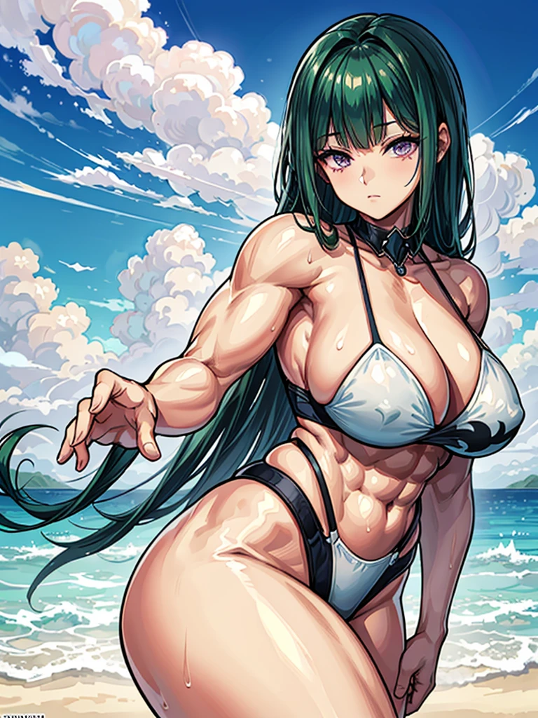 （（（masterpiece、Highest image quality、highest quality、highly detailed unity 8ｋwallpaper）））、（（Illustration of one girl））、（（（beautiful girl）））、（（green hair、sidelocks、purple eyes））、（stocky build, thickset physique, muscular legs, broad shoulders, solid chest）、white swimwear、sandy beach