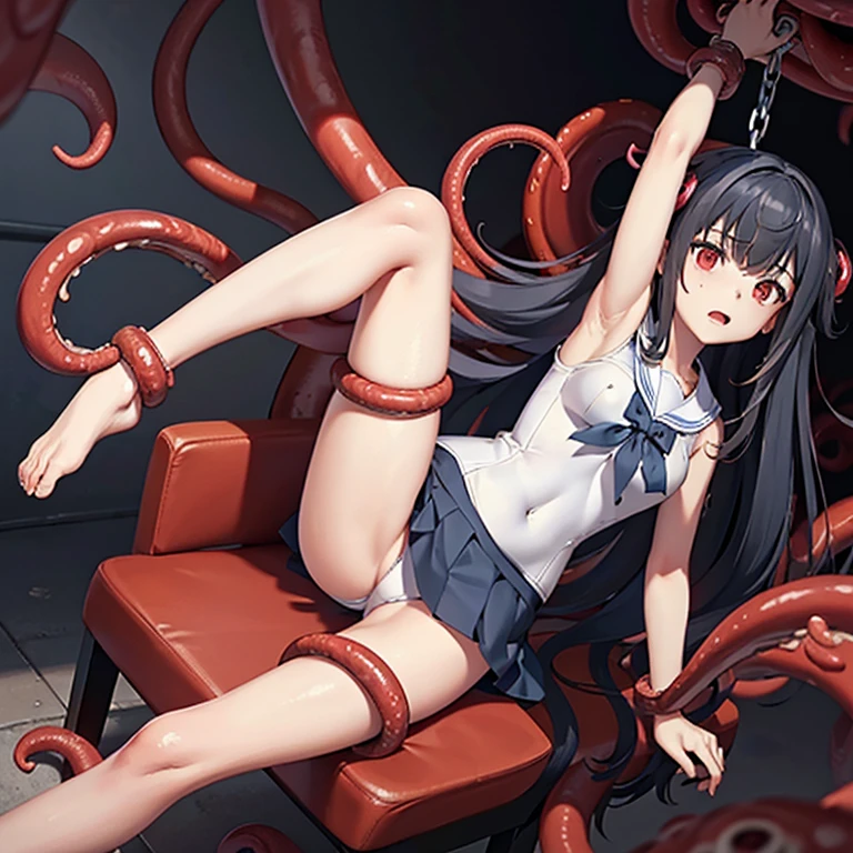 I'm looking down,Bottom Angle,show both sides,raise both arms up,stretch both arms,sitting on a wooden chair,(legs spread in an M shape,legs wide open, legs open, spread legs, woman with legs open),sailor suit,破れたsailor suit,navy blue skirt, white panties,flushed face,open mouth,impatient face,disorganized, female bondage, (tied to a metal chair,tentacle bondage),(robot arm wrapped around body),tightly bound, Surrounded by bumpy tentacles,full of tentacles,(brush tentacles,Tentacles with many brushes at the tips) tentacles through clothes, restrained legs, restrained arms, Drool, (Tentacle wrapped around upper arm,Tentacle wrapped around thigh,Tentacles touching the soles of the feet,Tentacles touching the armpits,Tentacle wrapped around wrist,tentacle wrapped around ankle ),Five fingers,right feet,The left leg
