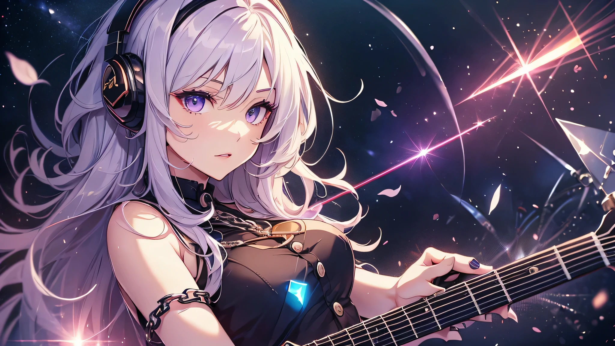 highest quality、Highest image quality、masterpiece、age girl((18-year-old、 Agar、vest bust、medium bust,wide open breast tea、purple eyes, purple hair、long hair、slender,highest valley、cute makeup、black nail polish、white short skirt、Looks like fun、have a guitar、black spats、fluttering hair、red belly button tank top、chain accessories、DJ、headphones,random motion)),high quality、beautiful art、background((night live house、red laser light、blue laser light、random laser points、Virtual space、golden laser beam、purple laser light、DJ、live stage)),muste piece、Depth of written boundary、movie、visual art、perfect art、