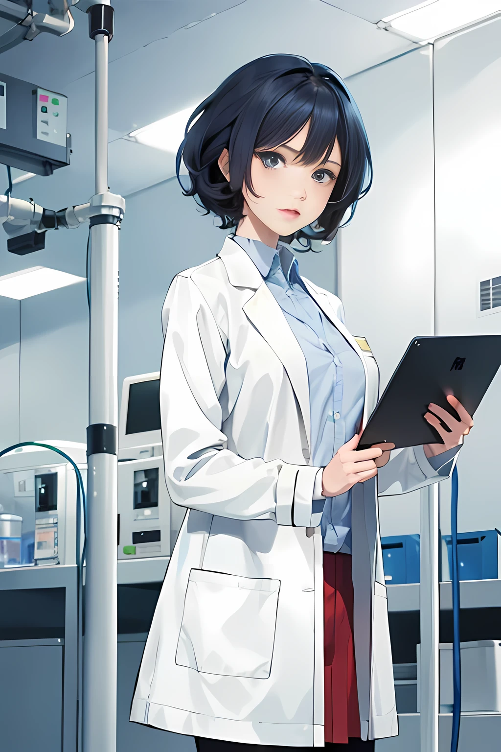 An anime illustration of a 27 year old girl, wearing a lab coat and skirt, Blick auf den Betrachter, in einer Laboranlage, holds an iPad, lockiges kurzes Haar, (Dynamische Pose), LED Lichter, Anime, Illustration, detailliertes Gesicht