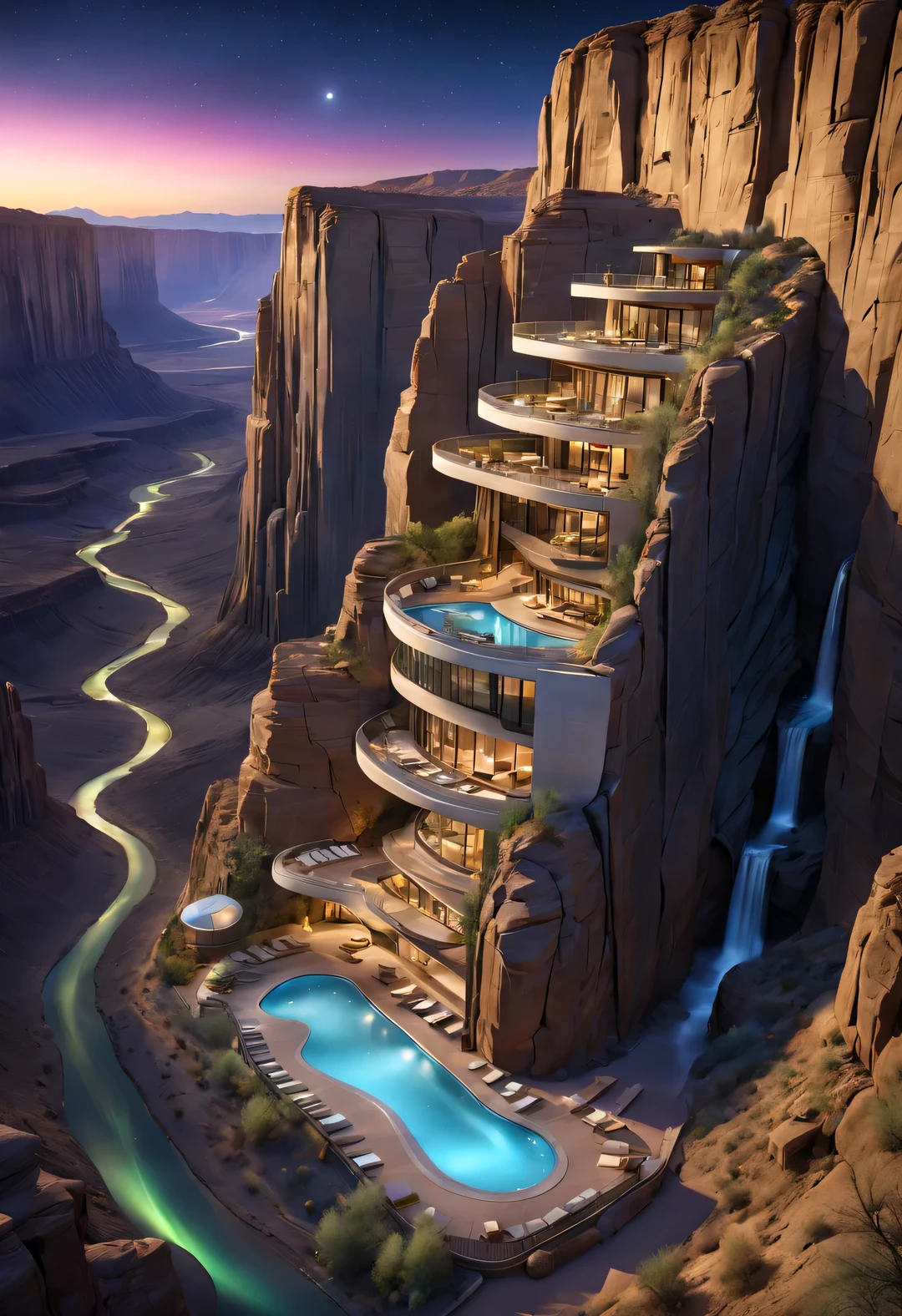 Towering steep and towering high desert canyon cliff resort wild luxury special-shaped hotel's volley design, asymmetric desert canyon,
Coexistence with the natural environment, desert canyon night, (aurora), stars, sky aurora bloom, meteors across,moonlight,extremely detailed, best quality, masterpiece, high resolution, Hyperrealistic, 8K, top-view,  high angle view,  low angle view,  by Oscar Niemeyer,by Frank Gehry,by Santiago Calatrava,