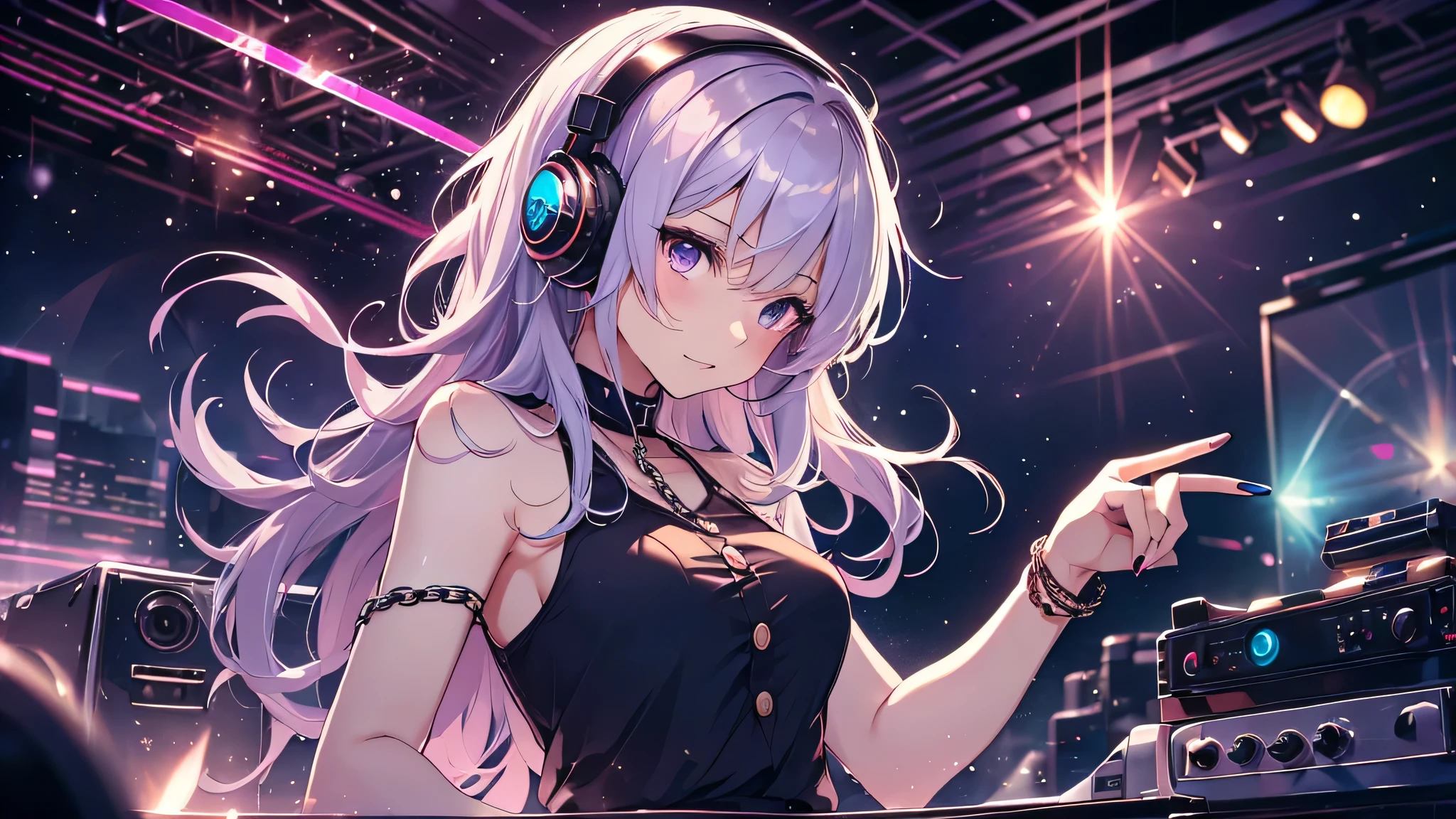 highest quality、Highest image quality、masterpiece、age girl((18-year-old、 Agar、vest bust、medium bust,wide open breast tea、purple eyes, purple hair、long hair、slender,highest valley、cute makeup、black nail polish、white short skirt、Looks like fun、have a guitar、black spats、fluttering hair、red belly button tank top、chain accessories、DJ、headphones,random motion)),high quality、beautiful art、background((night live house、red laser light、blue laser light、random laser points、Virtual space、golden laser beam、purple laser light、DJ、live stage)),muste piece、Depth of written boundary、movie、visual art、perfect art、