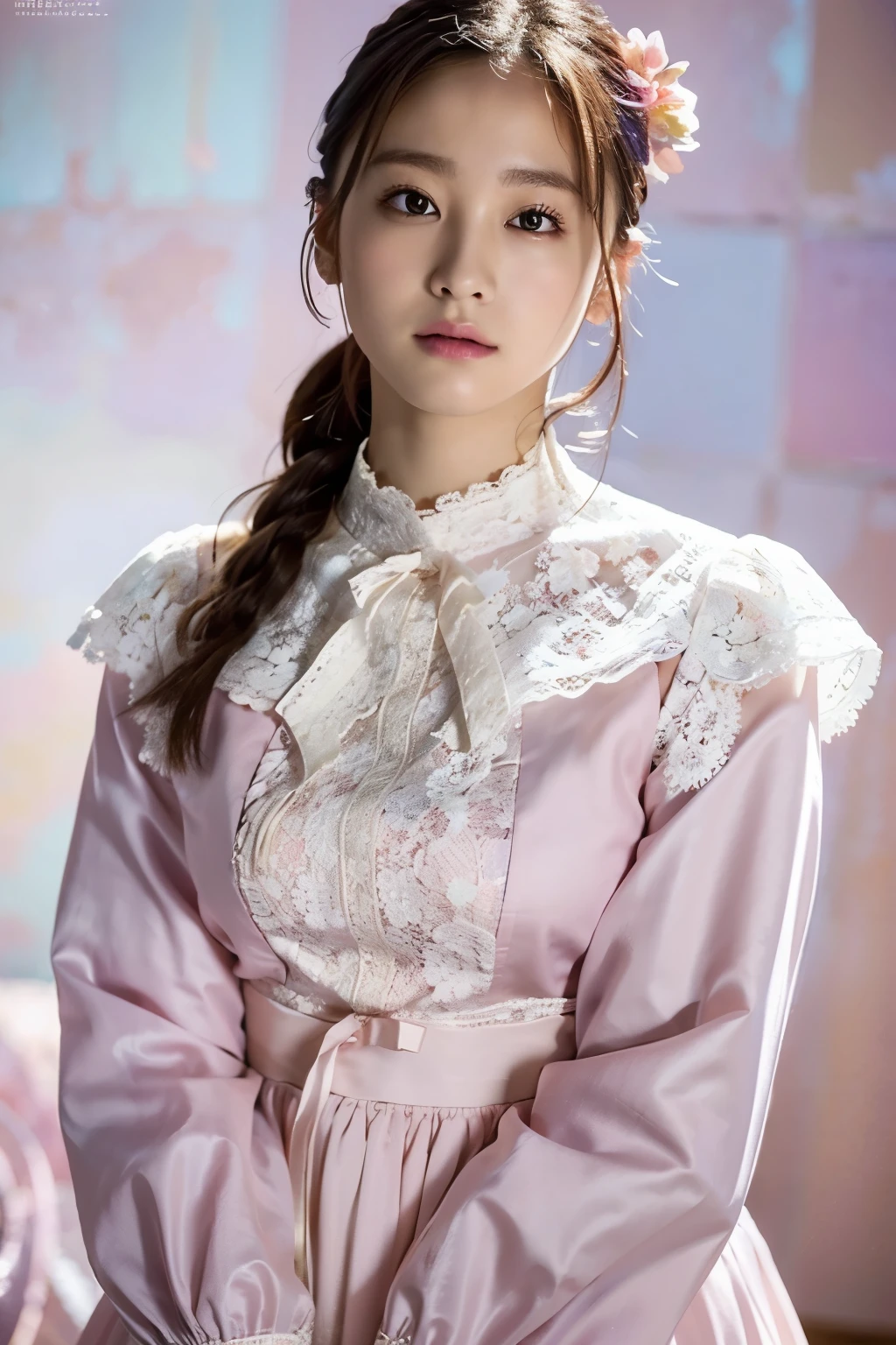 (masterpiece:1.4, best quality), (intricate details), unity 8k wallpaper, ultra detailed, (pastel colors:1.3), (lace) clothes, beautiful and aesthetic, 1girl, body covered in words, words on body, ink, detailed, solo,