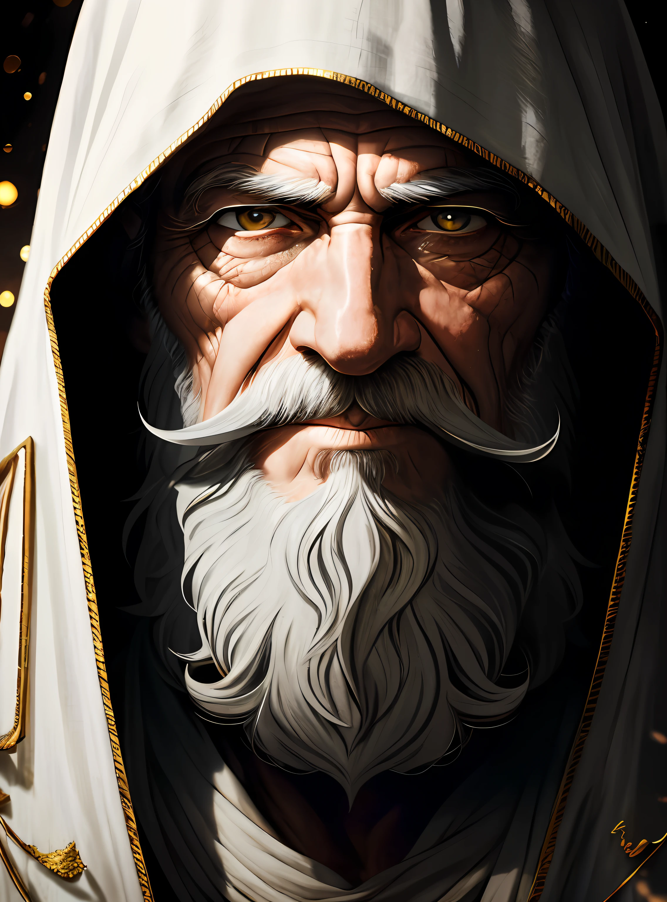An epic close up portrait of elderly intense sinister eyes, and nose with long white beard, framed with a faded ancient tattered white linen hood, reflecting gold sparks in the irises of the eyes, white eyebrows, at night, dramatic lighting, high contrast, highest definition, hyperrealism, hyperrealistic, photorealistic, high resolution, hdr photography, 8k