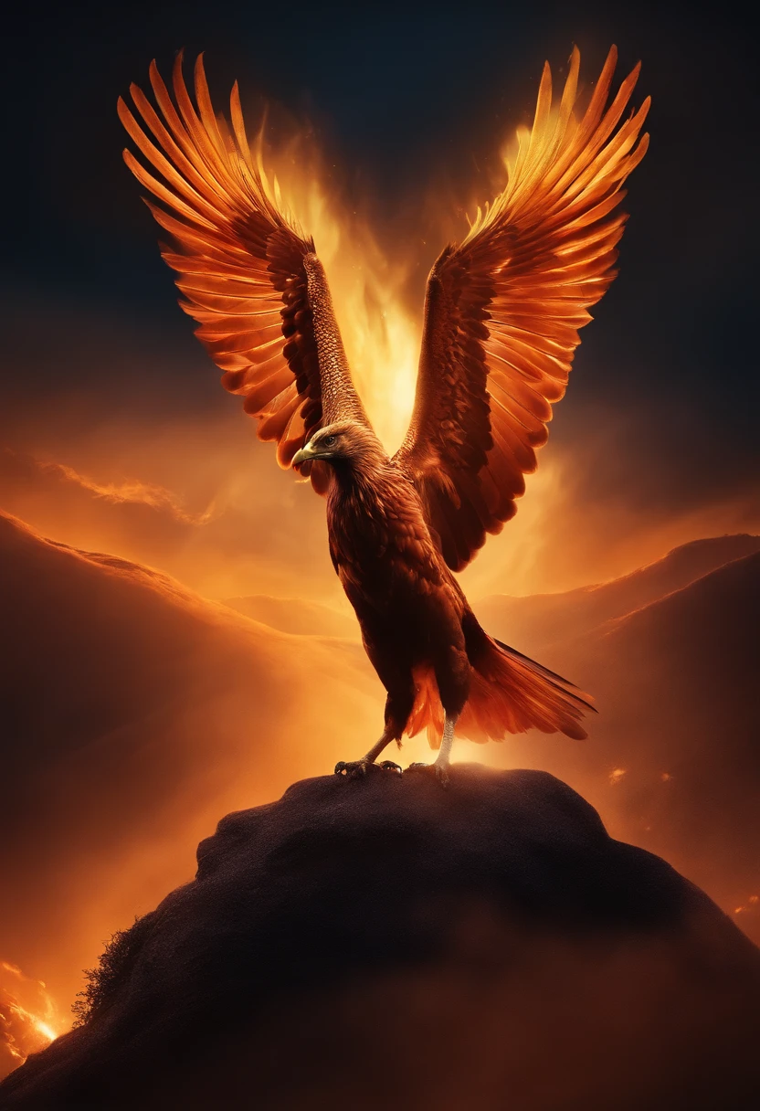 (Divine bird),(Fire Phoenix),(The fire outlined the phoenix's body),The phoenix flaps its wings,(Shining with golden light),solo,nigth,Multiple silhouettes,First-person elevation angle,super detailing,best qualtiy,masterpiece,(8K),Extremely detailed,Epic artwork dark sky