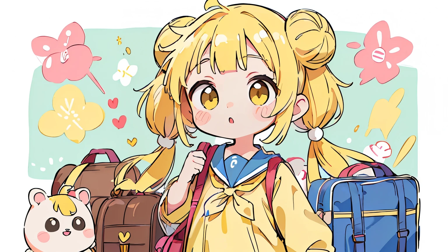 disorganized, High resolution, (anime style etc.:1.1), ((muste piece)), ((best quality)), (Super detailed), (Beautiful),pretty face、(lift up),pretty girl、(((twin tails、bun hair、yellow hair、)))(緑のschool bag、)((playing the recorder))((((primary school student、sailor suit、))))((((whole body))))(((1 girl)))(((((****、primary school student、school bag、)))))
