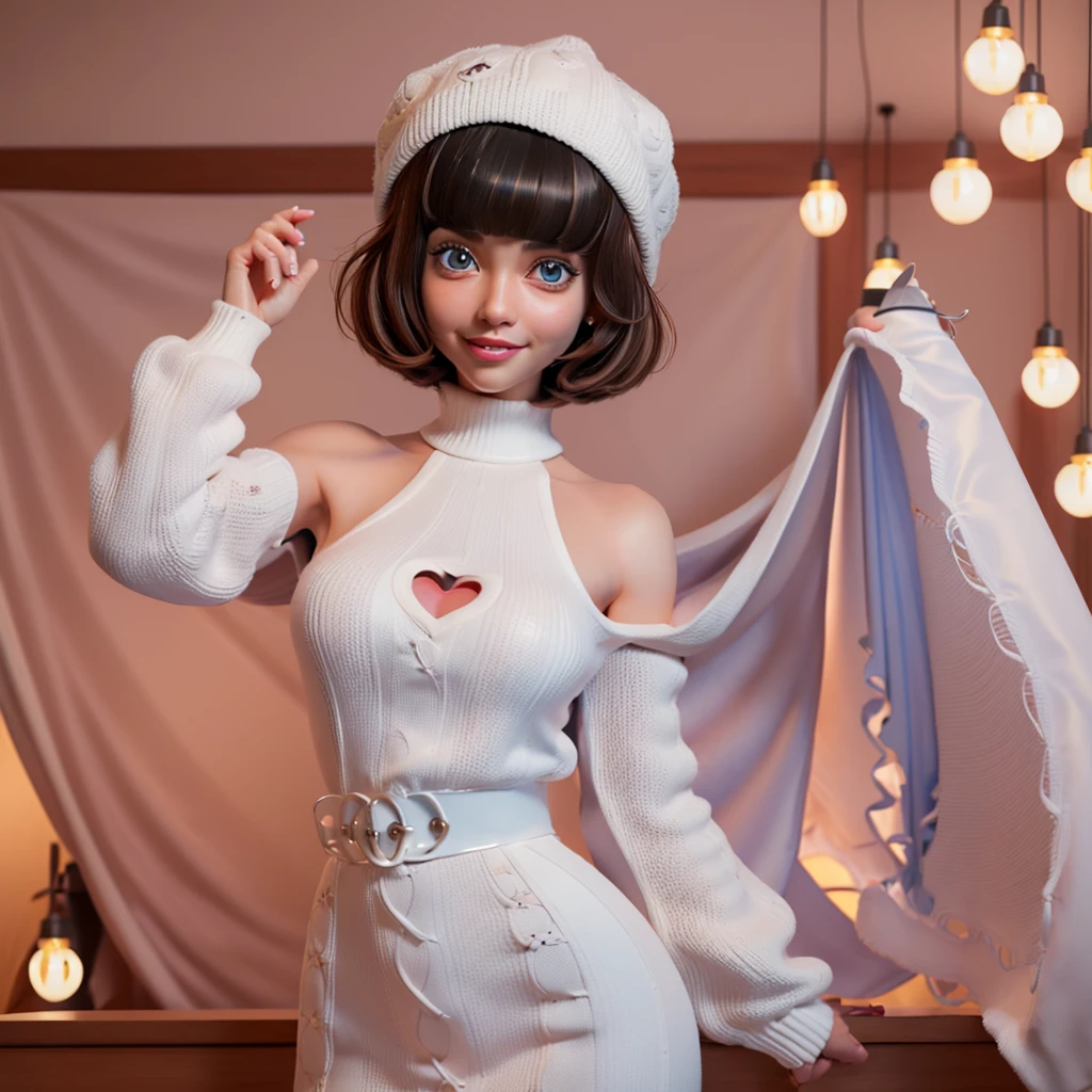 (masutepiece, top-quality、high-detail:1.4、underboob、Fascinating beauty、Add intense highlights to the eyes、Look firmly at the camera:1.4、A beautiful woman full of charm、Ideal ratio body proportions、Perfect Anatomy、Brunette Short Bob Hair、Lustrous hair、bangss:1.4、shiny bangs:1.4、lipgloss),1girl in, report, Light brown shiny hair, muffler,realisitic, looking at the viewers、Tilt your head slightly, Bright colored crystal light blue eyes, short shiny hair、 White turtleneck outfit with a hole in the center of the chest,Sexy white turtleneck knit sweater with a round hole in the middle of the chest、 s lips, lipgloss, The upper part of the body、big eye、Lashes、A little red in the face、Embarrassing)、((italian road in winter))、((short hair with big eyes、Put very strong highlights in your students、{Gigantic|Big|Huge|Mega} breasts:1.4、very Bigger breasts、gazing at viewer、Very beautiful beauty、Put your ears out、long neck、little smiling、Beautiful teeth、Open your mouth and smile、Heart-shaped pupil))、28 year old、Very cute supermodel、