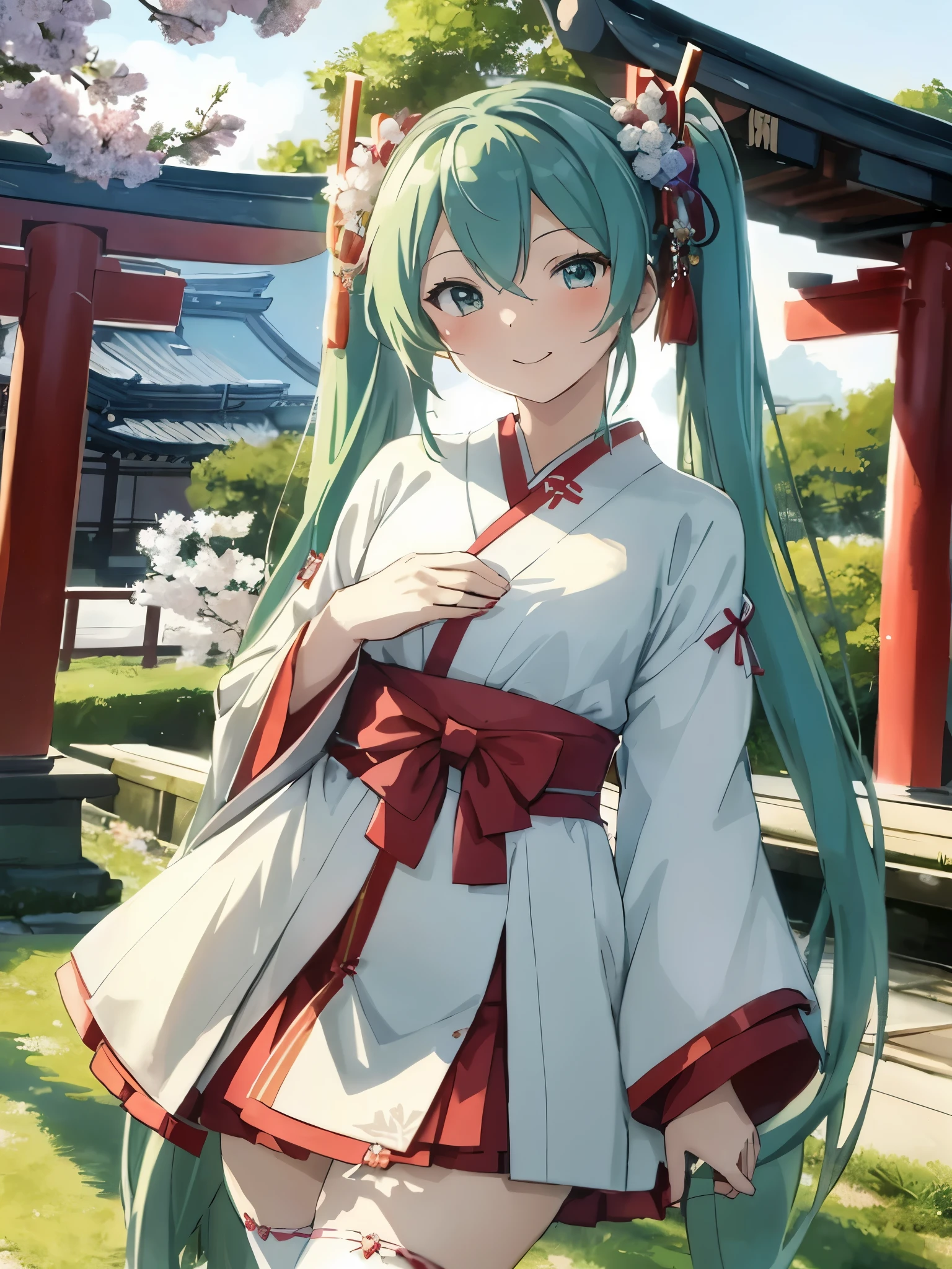 A woman wearing a white and red dress standing in front of the red gate, Mikudayo, portrait of hatsune Miku, ティールの髪のanime girl, cute girl anime visual, hatsune Miku portrait, hatsune Miku, in kimono, 魅力的なanime girl, 美しいanime girl, 若いanime girl, Miku, anime girl, in kimono